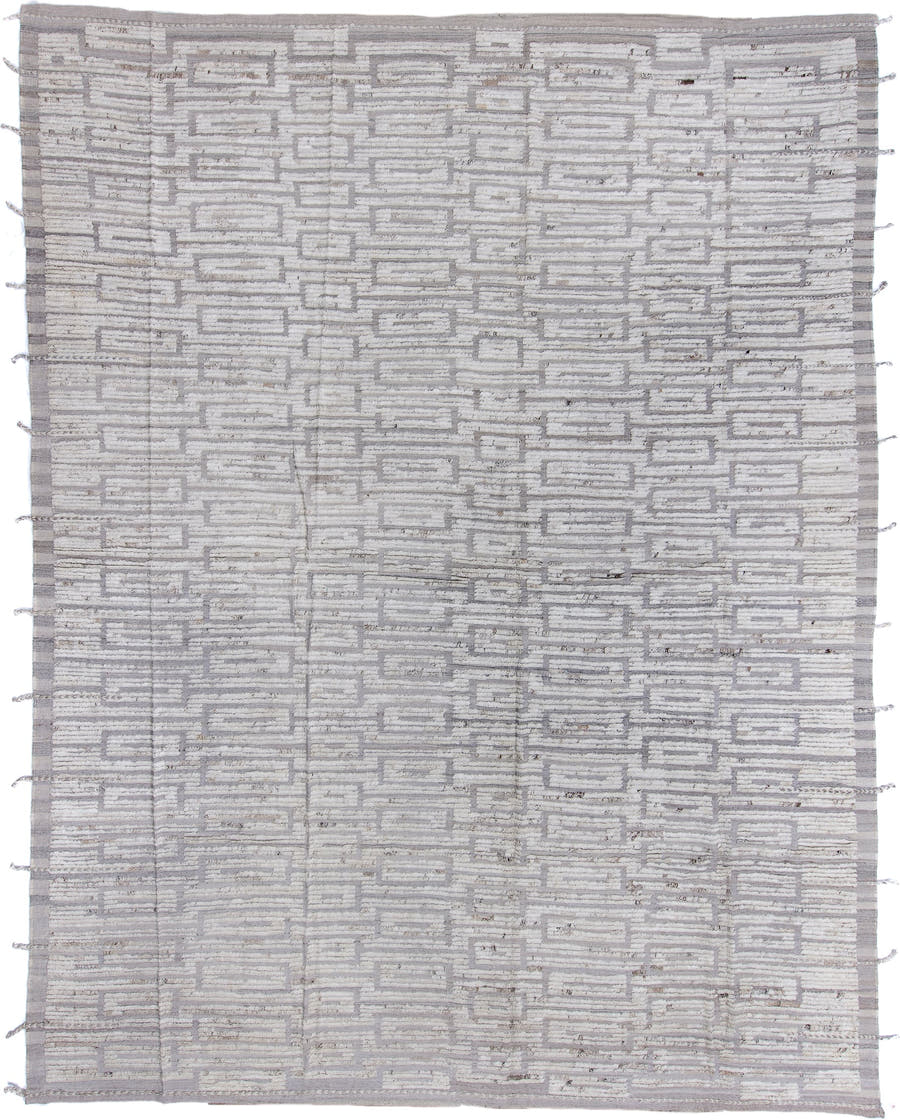 12' x 15' one-of-a-kind handmade vintage Tulu oversize rug. Color palette: ivory, light gray, taupe, greige, beige, gray