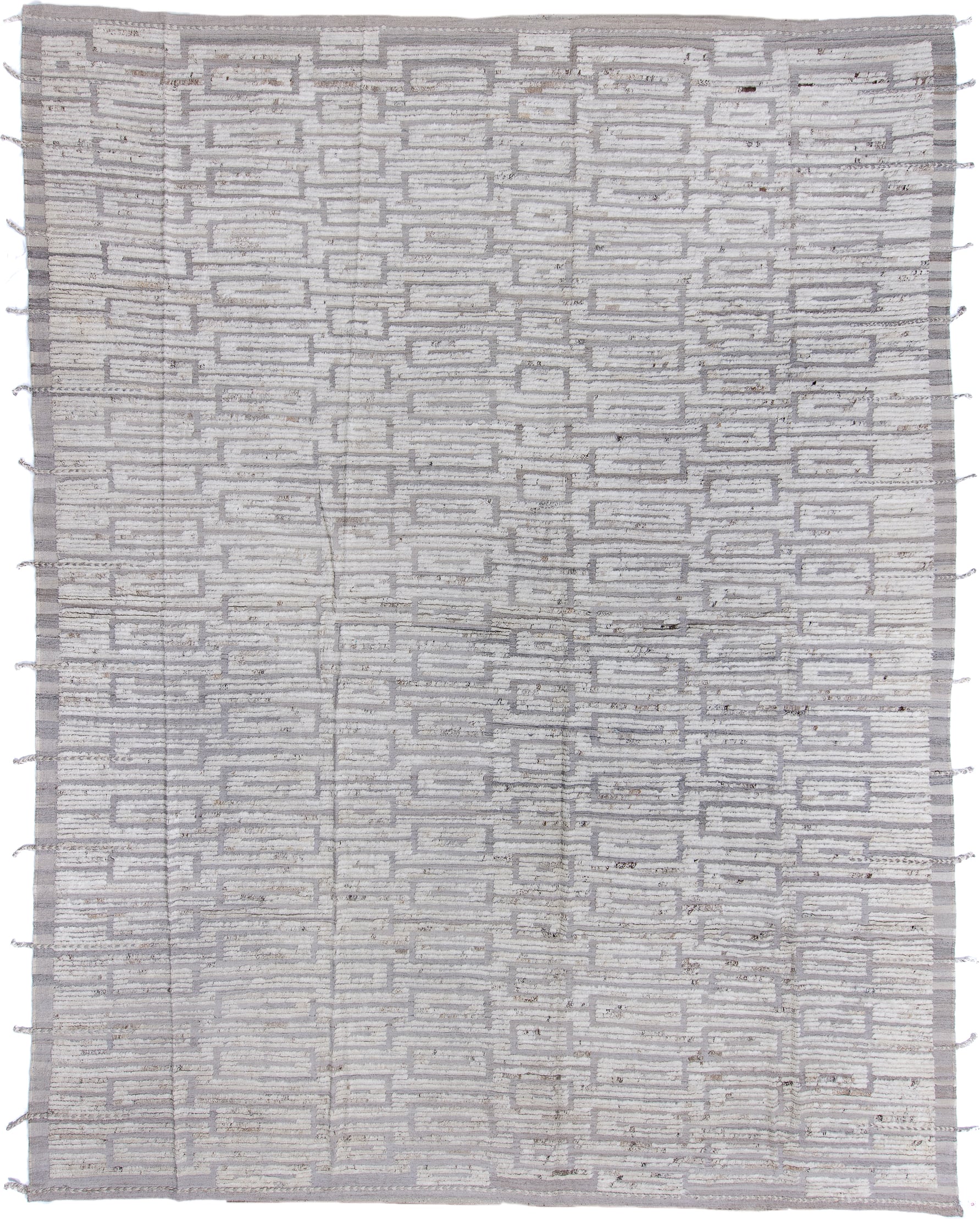 12' x 15' one-of-a-kind handmade vintage Tulu oversize rug. Color palette: ivory, light gray, taupe, greige, beige, gray