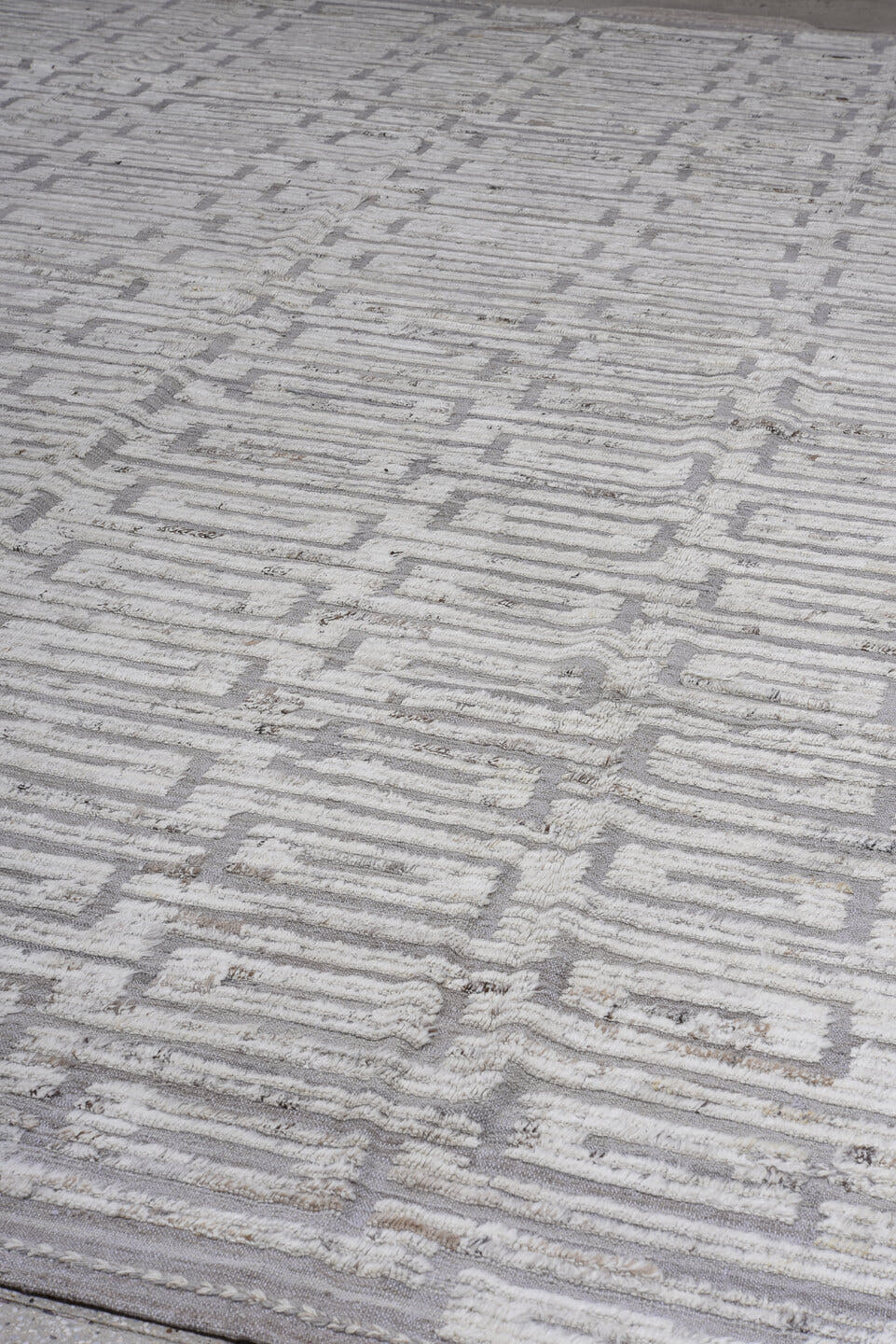 12' x 15' one-of-a-kind handmade vintage Tulu oversize rug. Color palette: ivory, light gray, taupe, greige, beige, gray