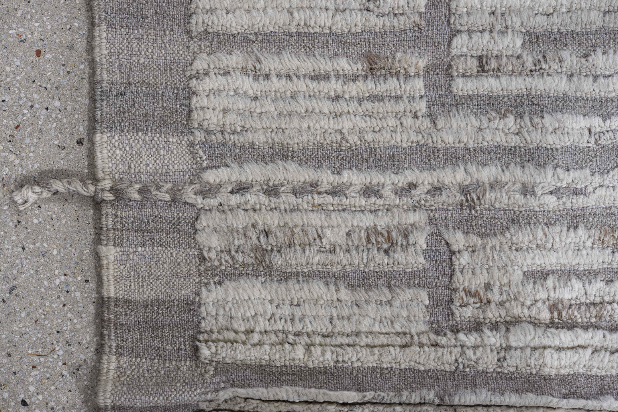 12' x 15' one-of-a-kind handmade vintage Tulu oversize rug. Color palette: ivory, light gray, taupe, greige, beige, gray