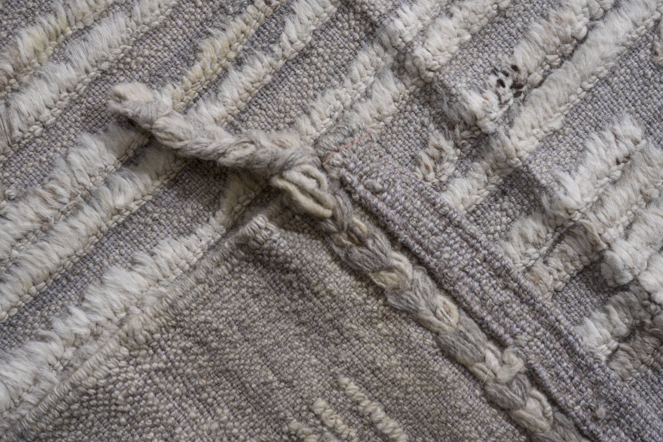12' x 15' one-of-a-kind handmade vintage Tulu oversize rug. Color palette: ivory, light gray, taupe, greige, beige, gray