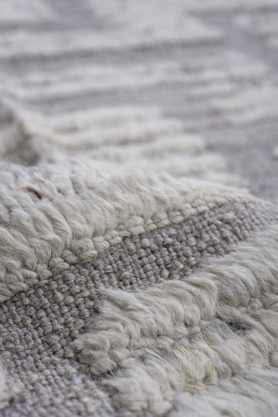 12' x 15' one-of-a-kind handmade vintage Tulu oversize rug. Color palette: ivory, light gray, taupe, greige, beige, gray