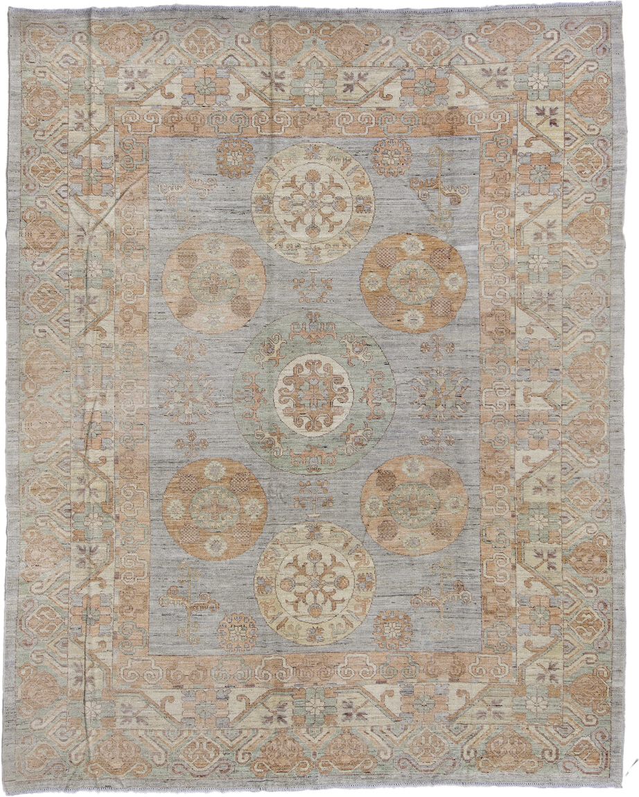 9' x 11' one-of-a-kind handmade vintage Oushak large size rug. Color palette: gray, ivory, beige, taupe, sage, camel, peach
