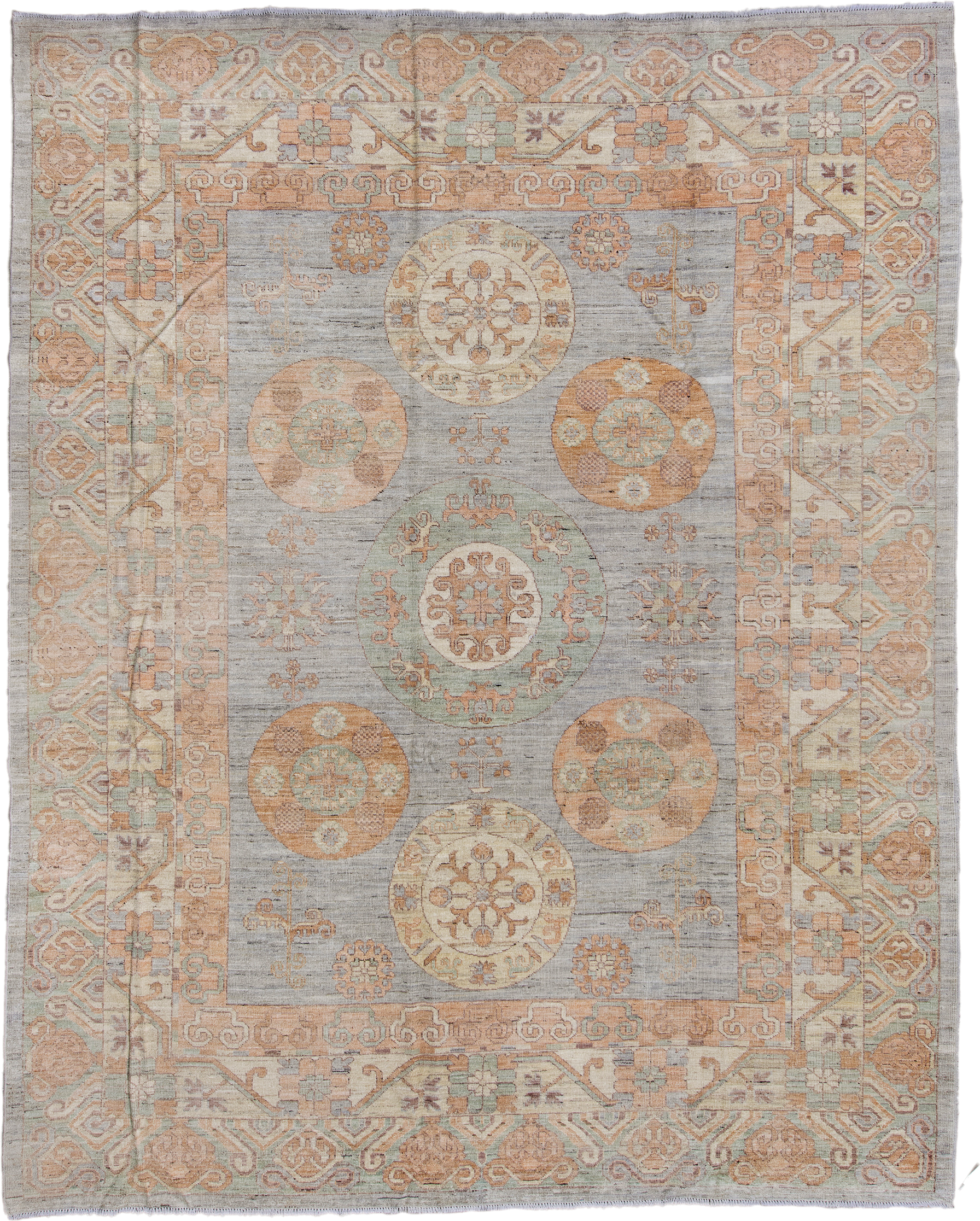 9' x 11' one-of-a-kind handmade vintage Oushak large size rug. Color palette: gray, ivory, beige, taupe, sage, camel, peach
