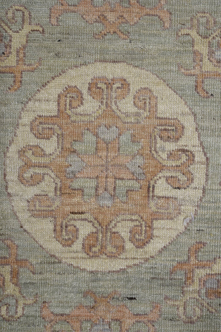 9' x 11' one-of-a-kind handmade vintage Oushak large size rug. Color palette: gray, ivory, beige, taupe, sage, camel, peach