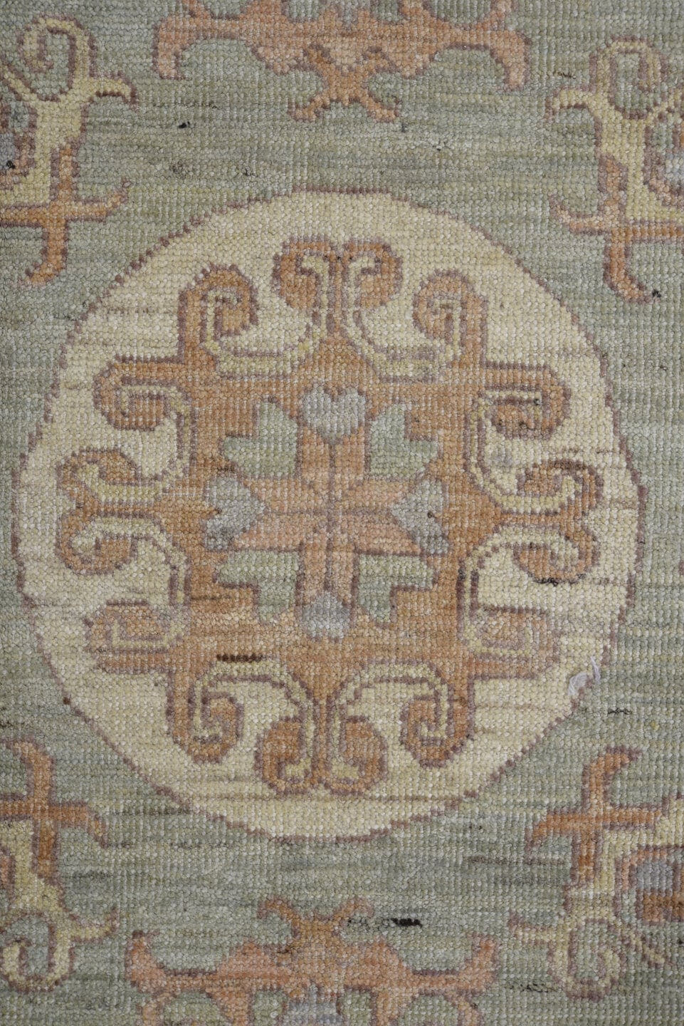 9' x 11' one-of-a-kind handmade vintage Oushak large size rug. Color palette: gray, ivory, beige, taupe, sage, camel, peach