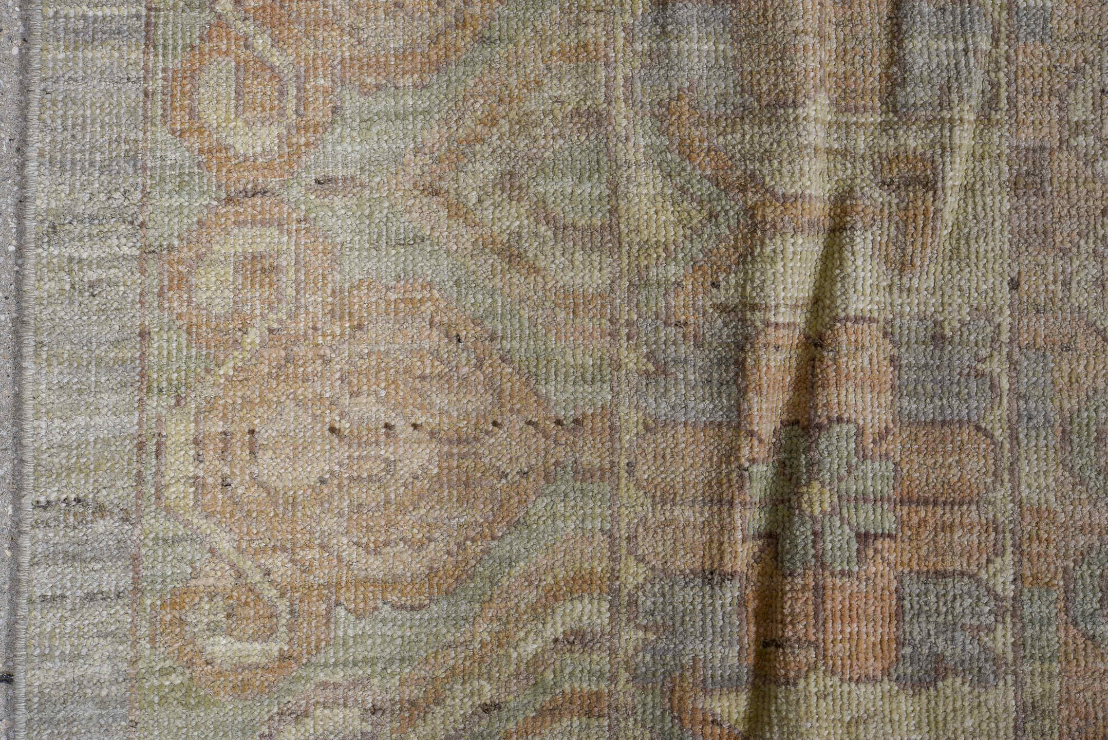 9' x 11' one-of-a-kind handmade vintage Oushak large size rug. Color palette: gray, ivory, beige, taupe, sage, camel, peach