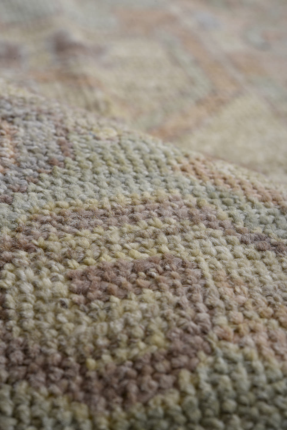 9' x 11' one-of-a-kind handmade vintage Oushak large size rug. Color palette: gray, ivory, beige, taupe, sage, camel, peach