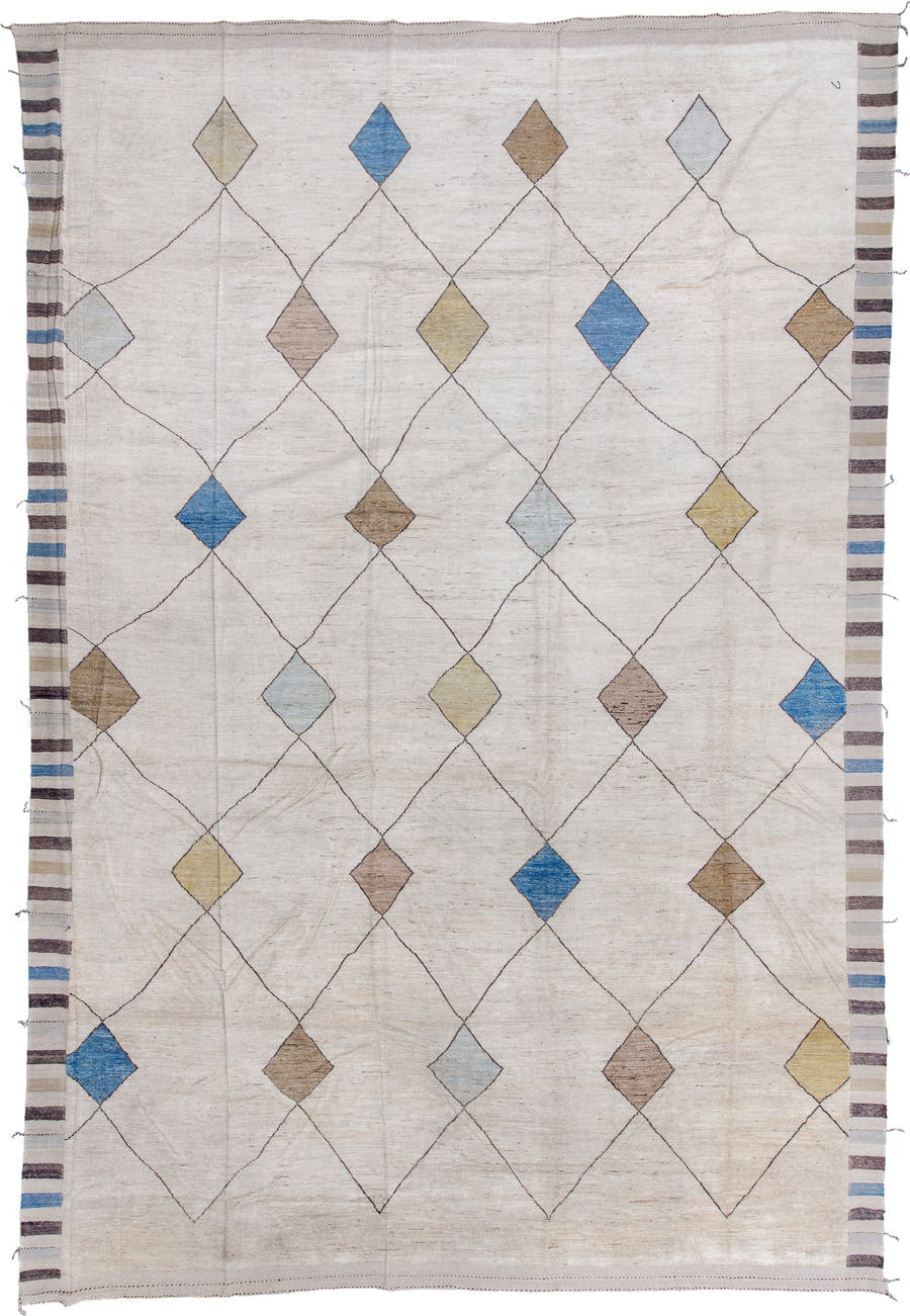 13' x 20' one-of-a-kind handmade vintage Tulu oversize rug. Color palette: ivory, taupe, camel, sky_blue, pale_gold