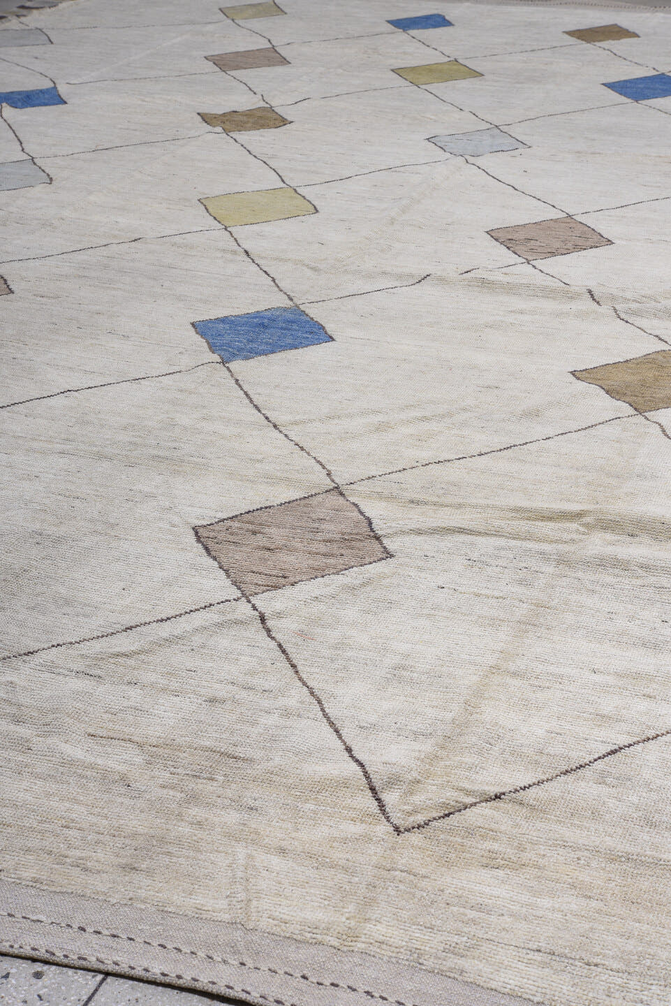 13' x 20' one-of-a-kind handmade vintage Tulu oversize rug. Color palette: ivory, taupe, camel, sky_blue, pale_gold