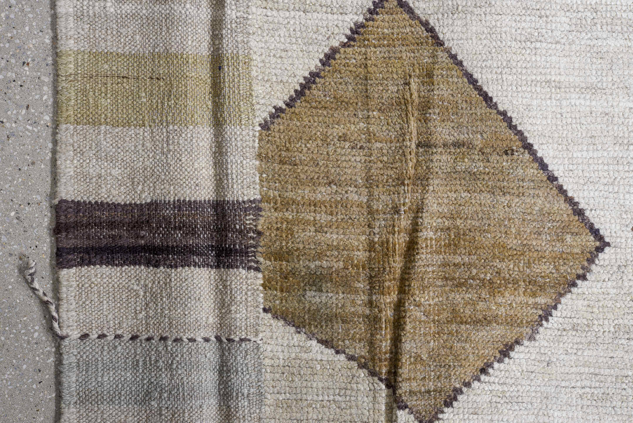 13' x 20' one-of-a-kind handmade vintage Tulu oversize rug. Color palette: ivory, taupe, camel, sky_blue, pale_gold