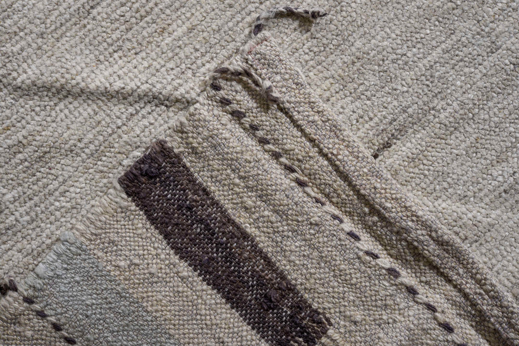 13' x 20' one-of-a-kind handmade vintage Tulu oversize rug. Color palette: ivory, taupe, camel, sky_blue, pale_gold