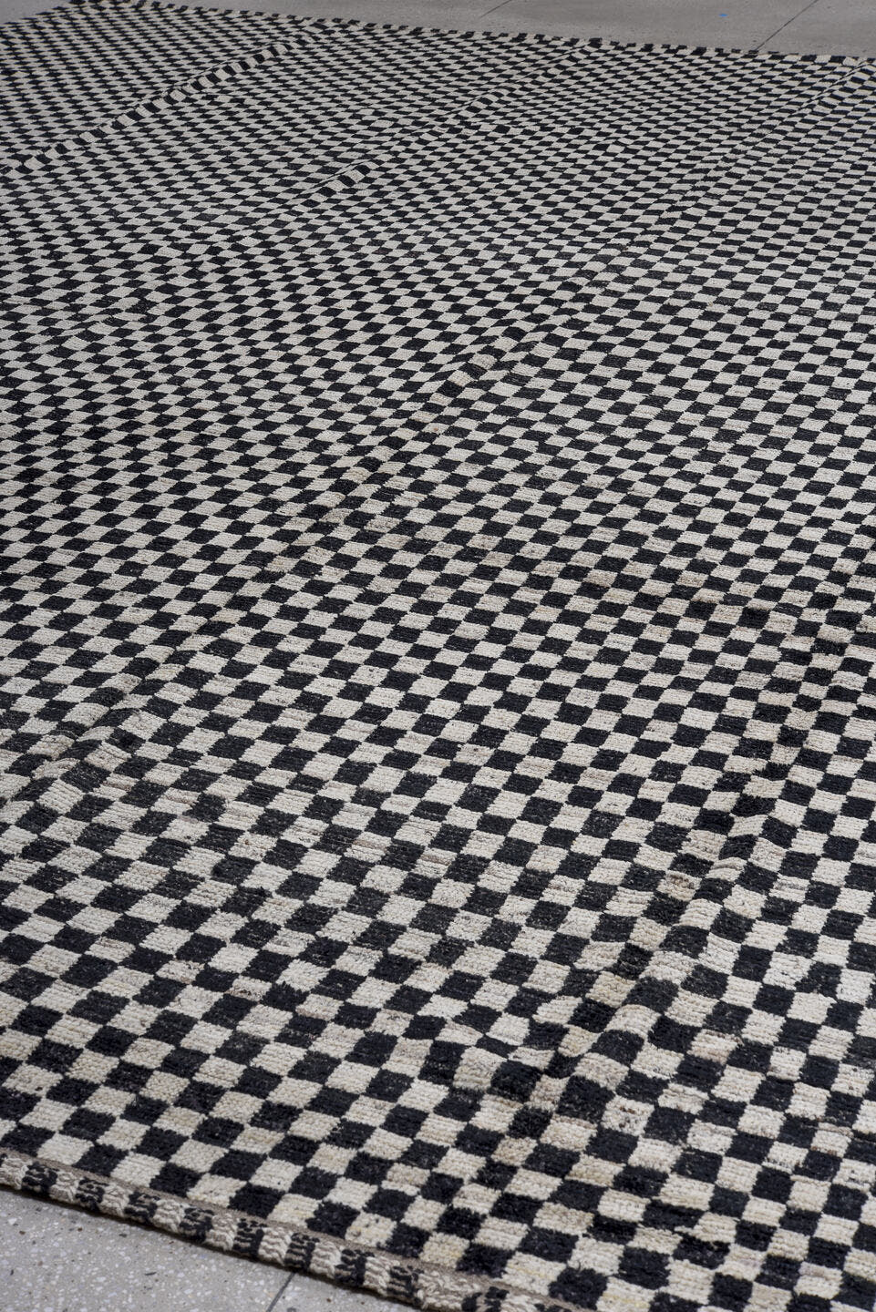 13' x 16' one-of-a-kind handmade vintage Tulu oversize rug. Color palette: ivory, black, charcoal, gray