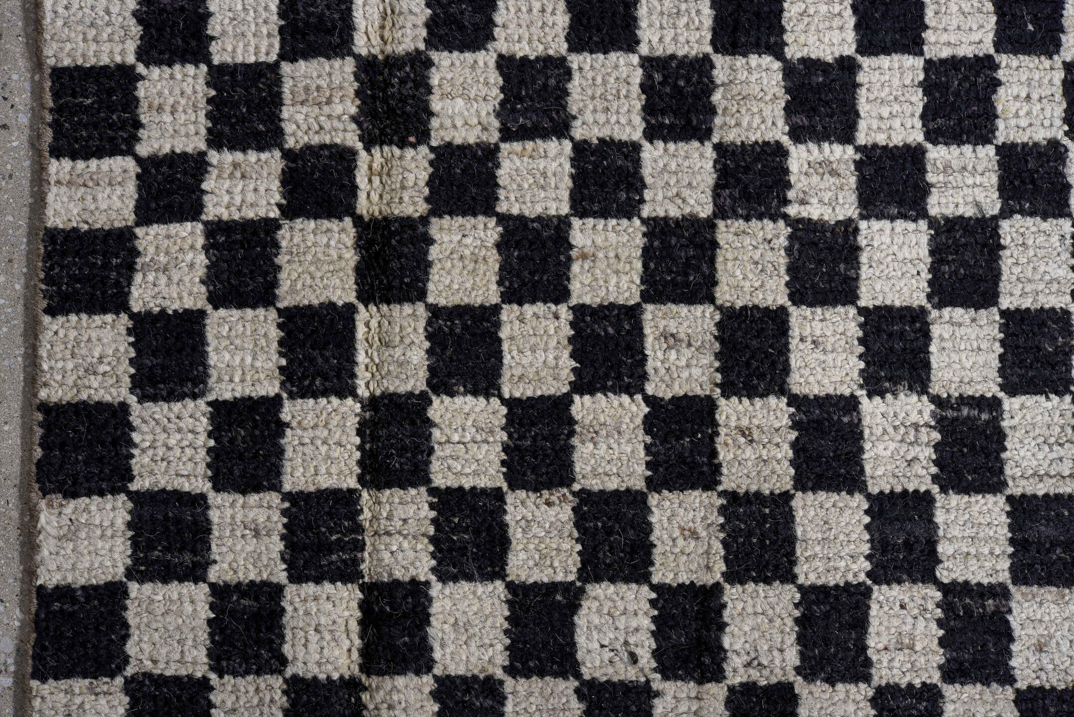 13' x 16' one-of-a-kind handmade vintage Tulu oversize rug. Color palette: ivory, black, charcoal, gray