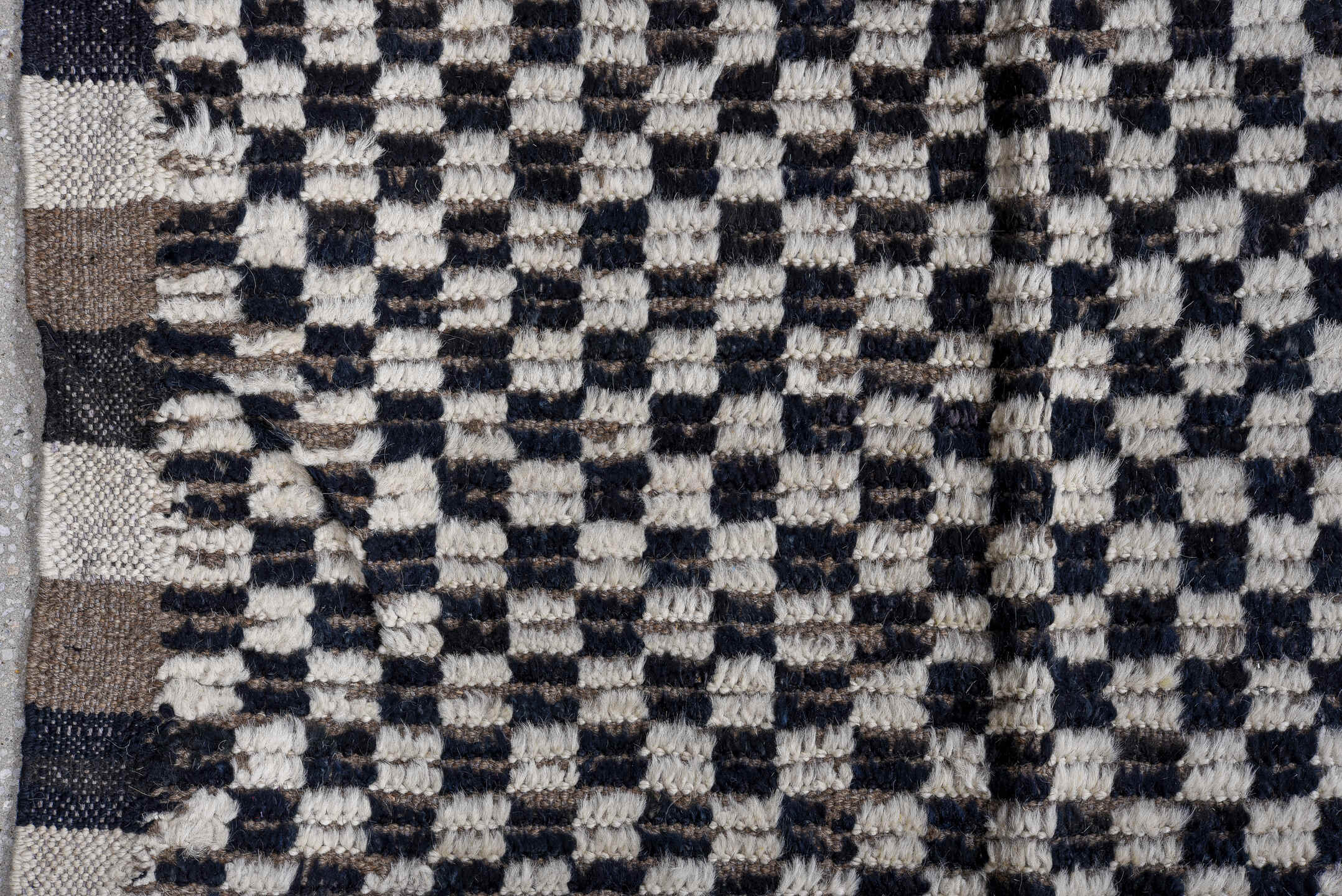9' x 12' one-of-a-kind handmade vintage Tulu large size rug. Color palette: ivory, black, taupe, beige, gray