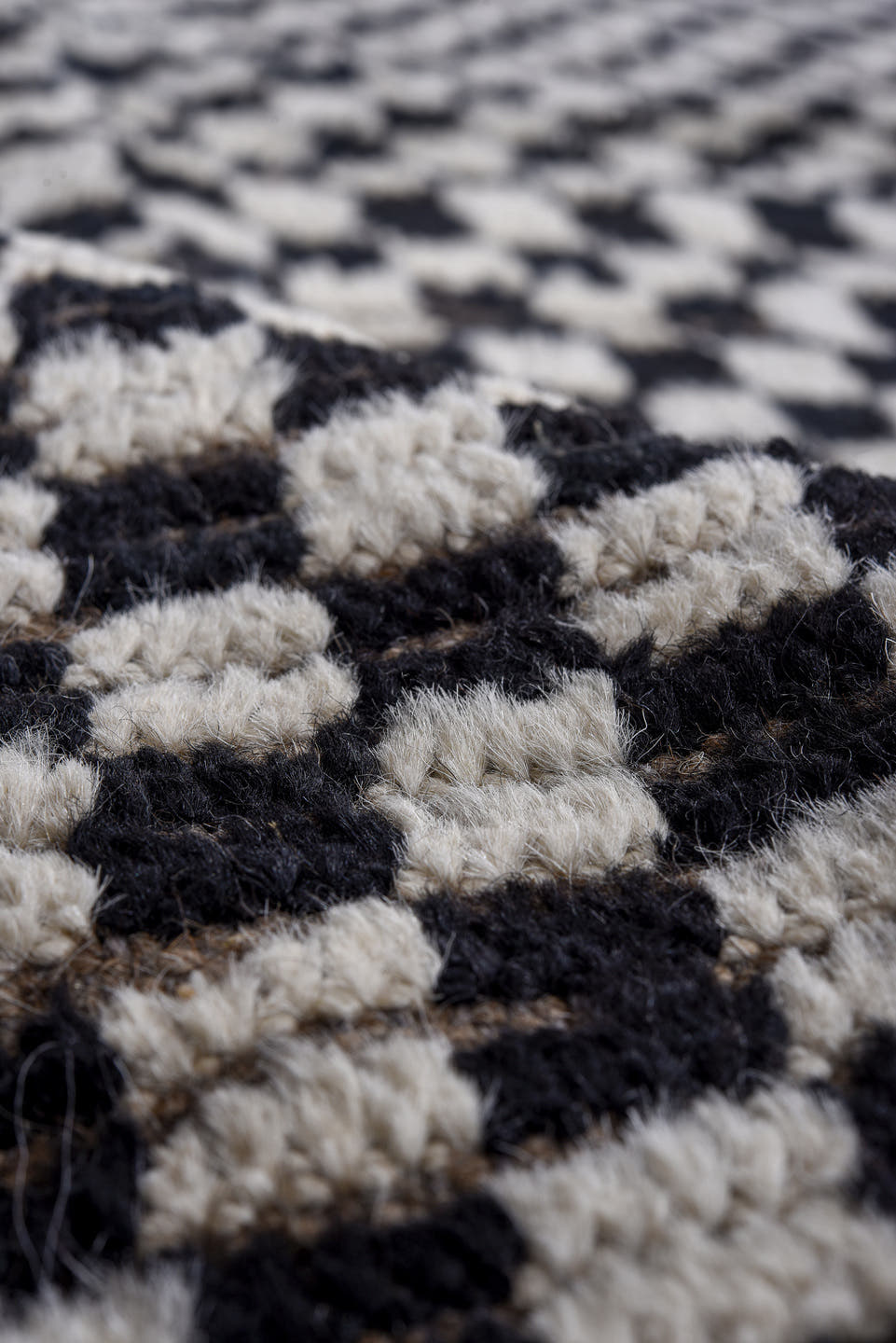 9' x 12' one-of-a-kind handmade vintage Tulu large size rug. Color palette: ivory, black, taupe, beige, gray