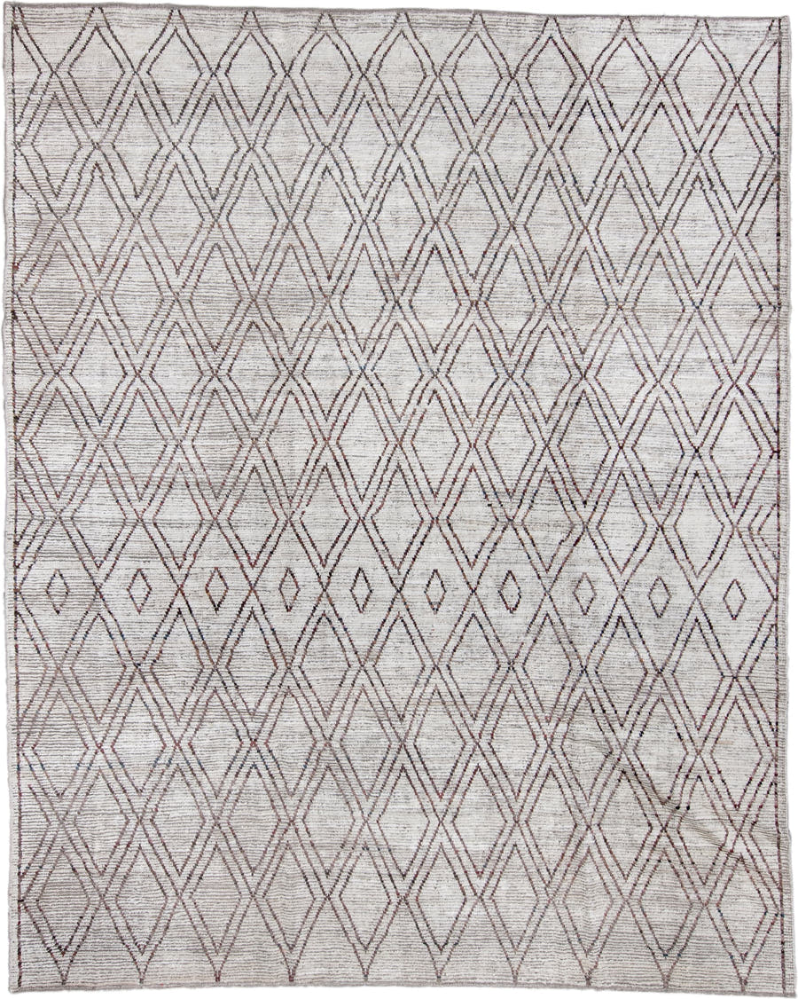 9' x 11' one-of-a-kind handmade vintage Tulu large size rug. Color palette: ivory, taupe, brown, charcoal, beige, gray