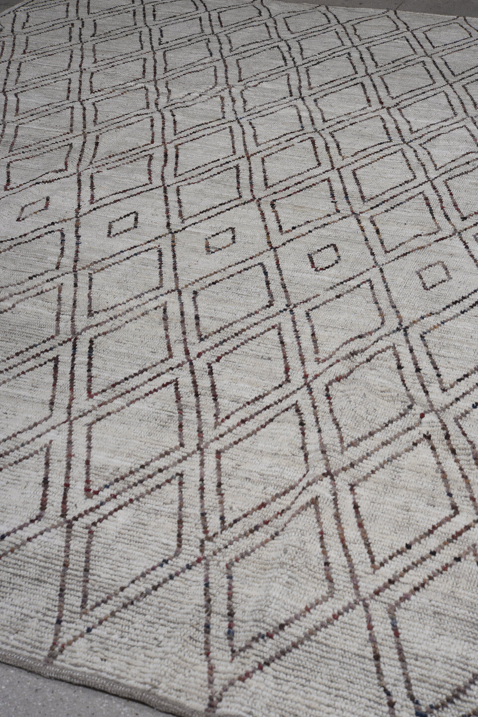 9' x 11' one-of-a-kind handmade vintage Tulu large size rug. Color palette: ivory, taupe, brown, charcoal, beige, gray