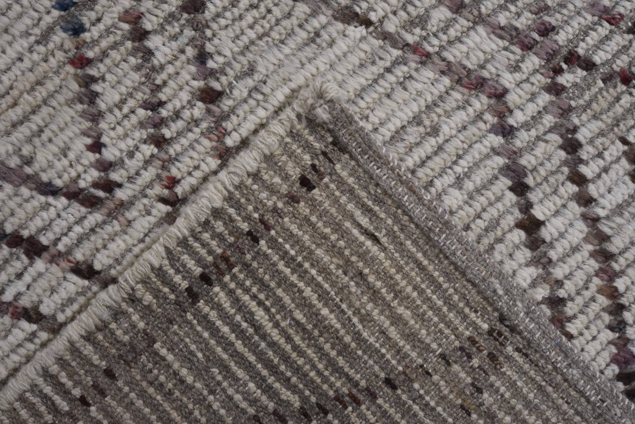 9' x 11' one-of-a-kind handmade vintage Tulu large size rug. Color palette: ivory, taupe, brown, charcoal, beige, gray