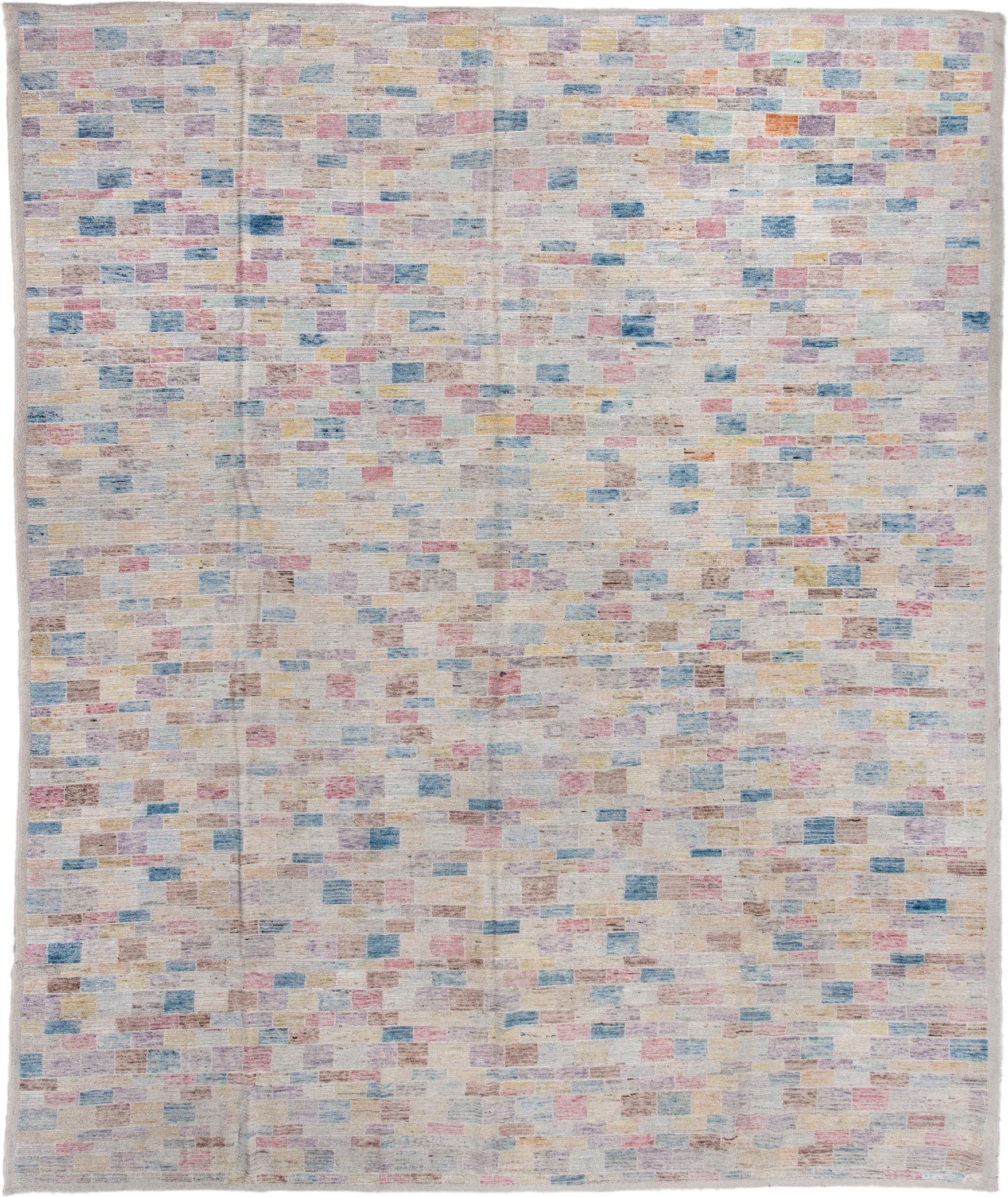 13' x 16' one-of-a-kind handmade vintage Tulu oversize rug. Color palette: ivory, sky blue, blush, lavender, pale gold