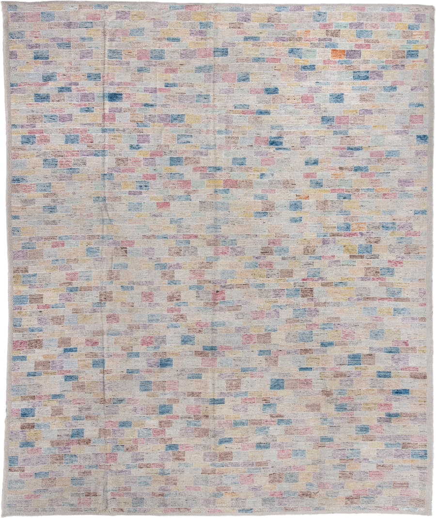 13' x 16' one-of-a-kind handmade vintage Tulu oversize rug. Color palette: ivory, sky blue, blush, lavender, pale gold