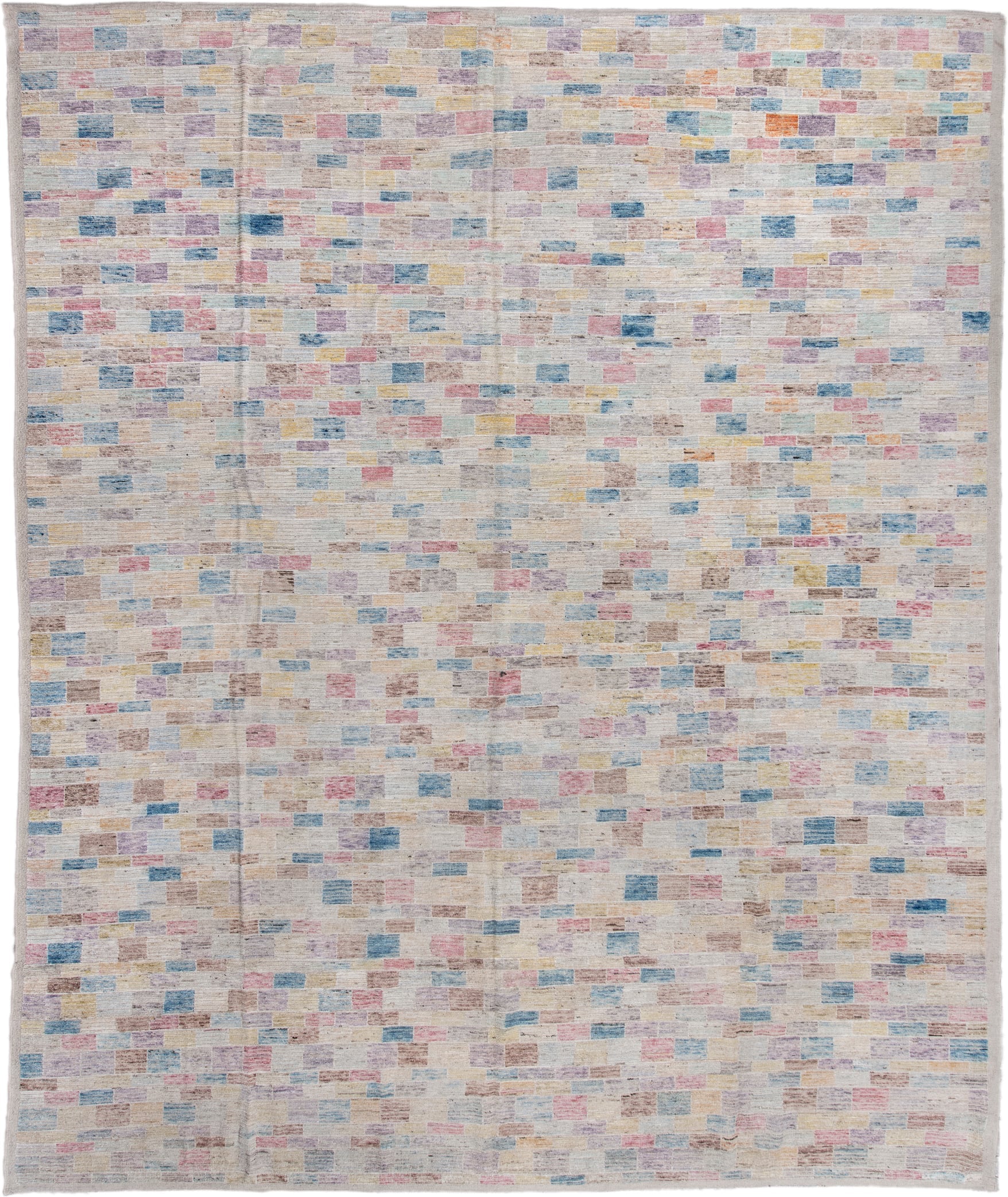 13' x 16' one-of-a-kind handmade vintage Tulu oversize rug. Color palette: ivory, sky blue, blush, lavender, pale gold