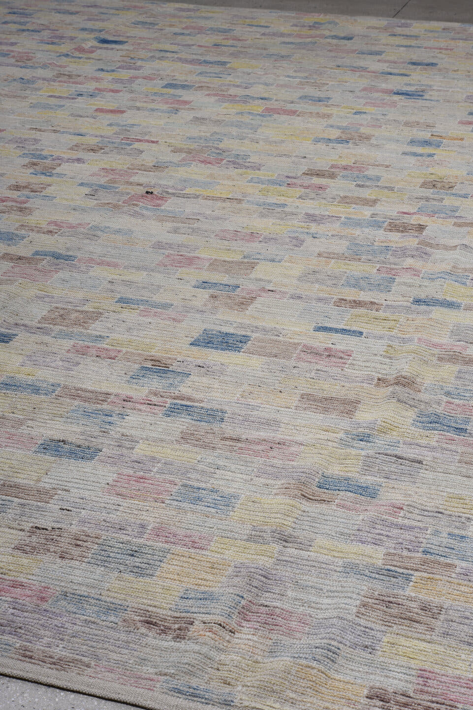 13' x 16' one-of-a-kind handmade vintage Tulu oversize rug. Color palette: ivory, sky blue, blush, lavender, pale gold