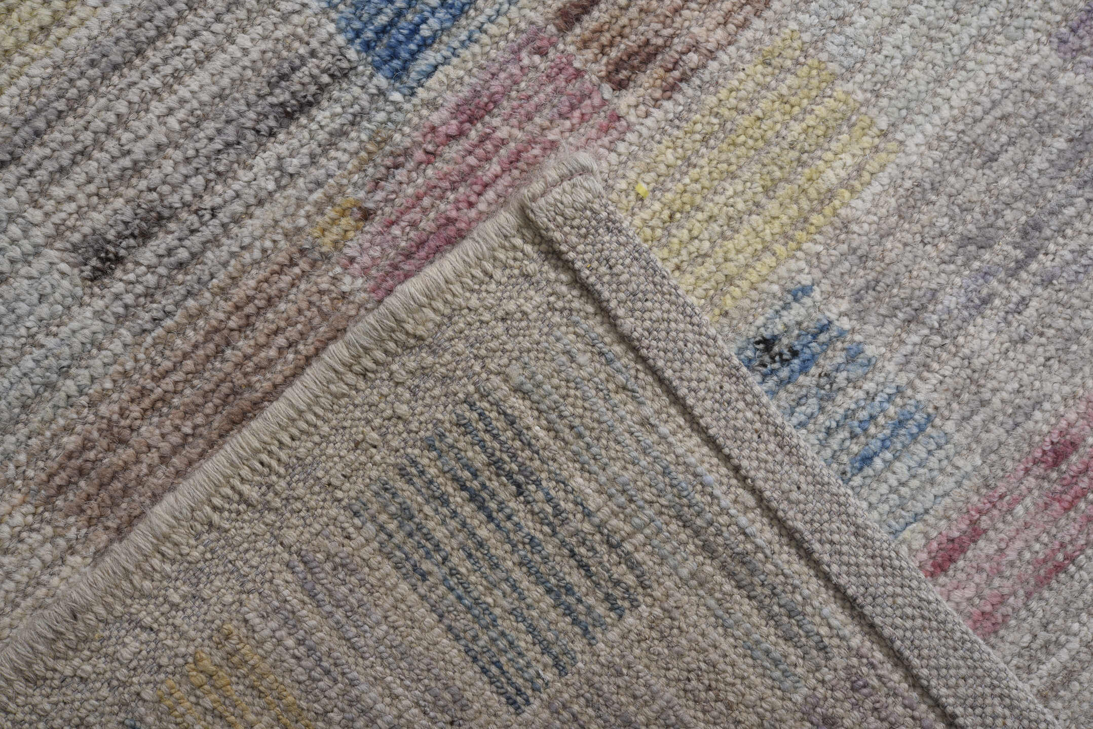 13' x 16' one-of-a-kind handmade vintage Tulu oversize rug. Color palette: ivory, sky blue, blush, lavender, pale gold