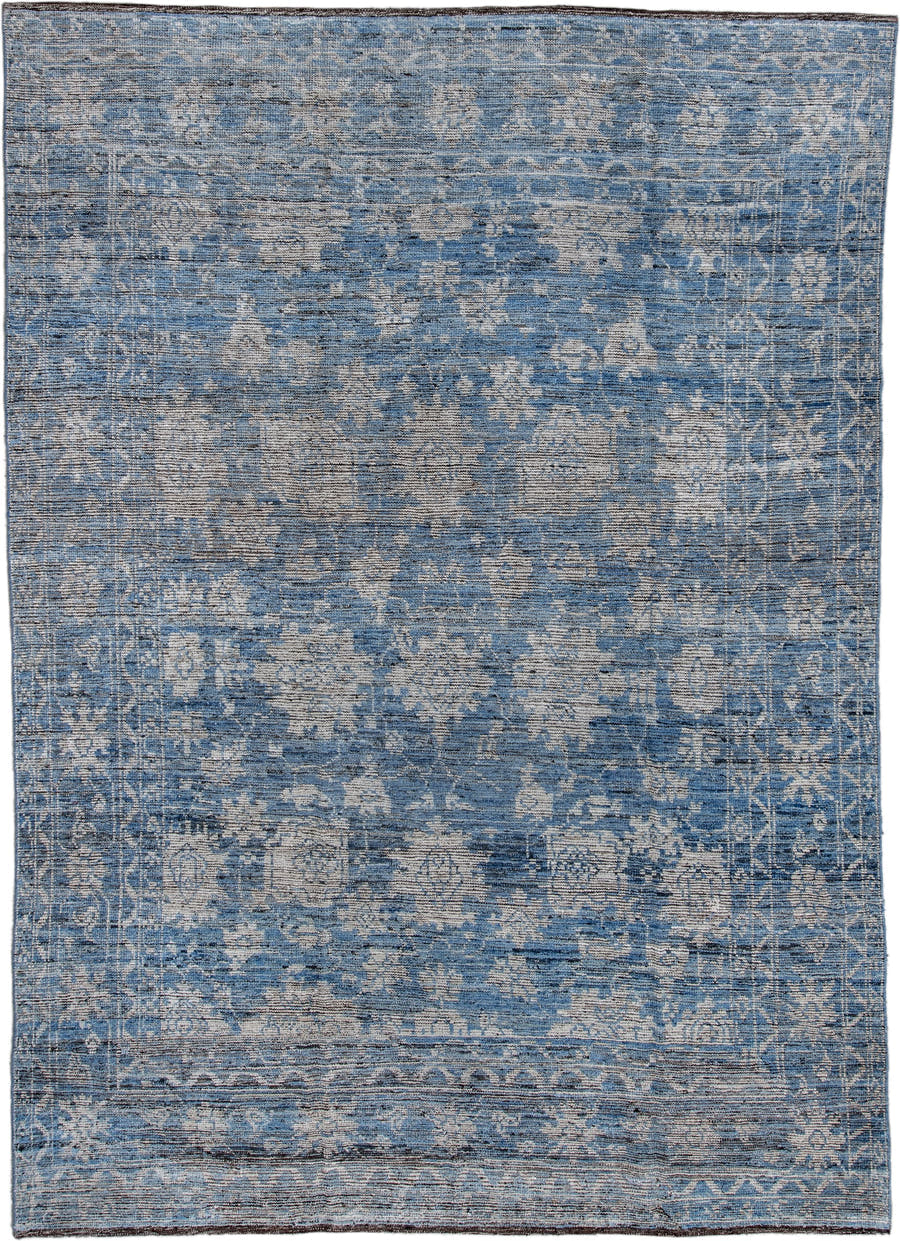 9' x 12' one-of-a-kind handmade vintage Oushak large size rug. Color palette: blue, ivory, slate, steel blue, charcoal, gray