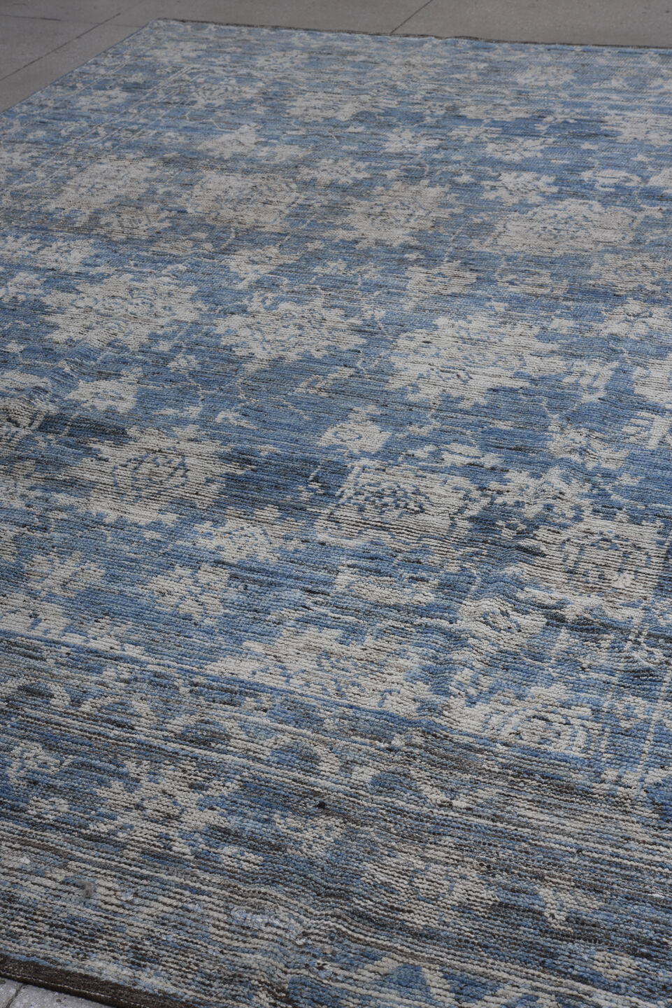 9' x 12' one-of-a-kind handmade vintage Oushak large size rug. Color palette: blue, ivory, slate, steel blue, charcoal, gray