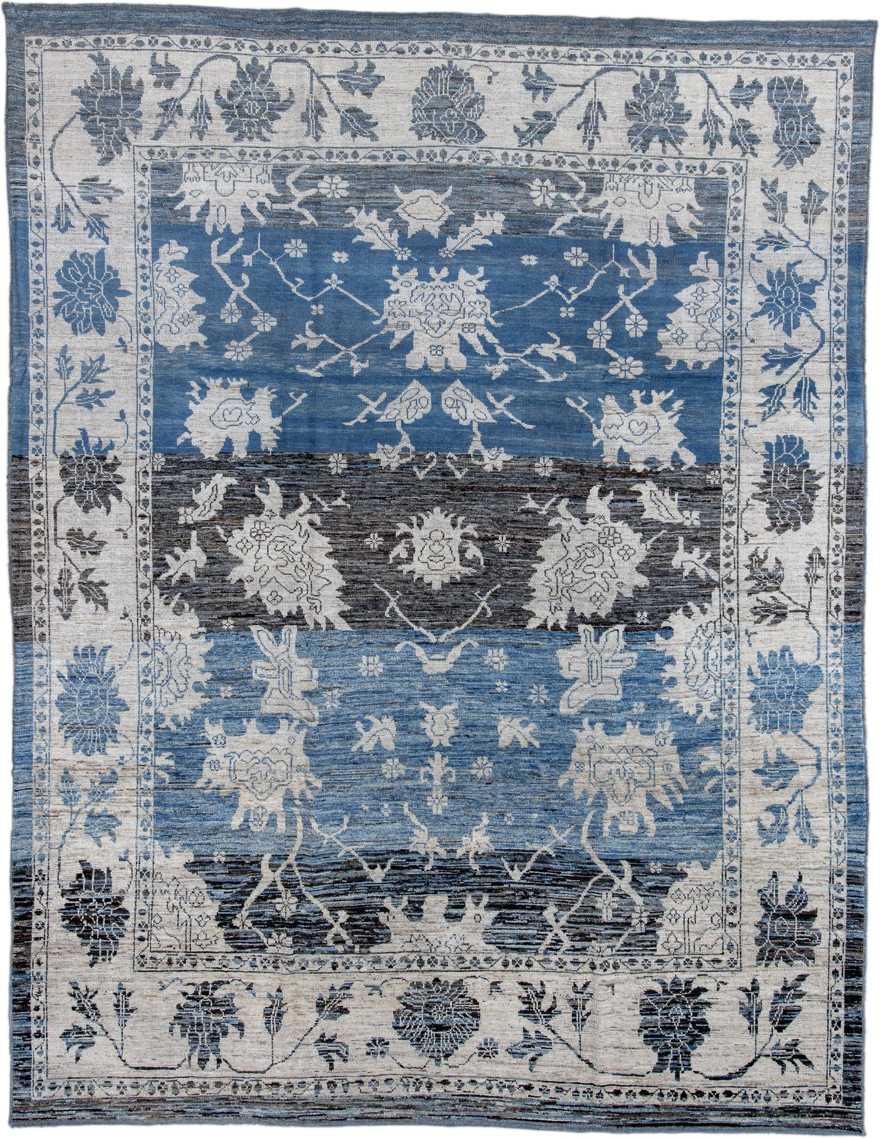 9' x 12' one-of-a-kind handmade vintage Oushak large size rug. Color palette: blue, ivory, charcoal, slate, powder_blue