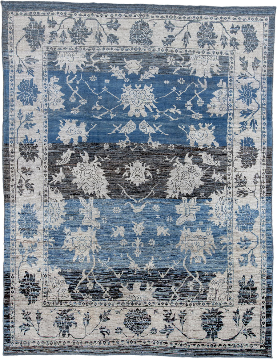 9' x 12' one-of-a-kind handmade vintage Oushak large size rug. Color palette: blue, ivory, charcoal, slate, powder_blue