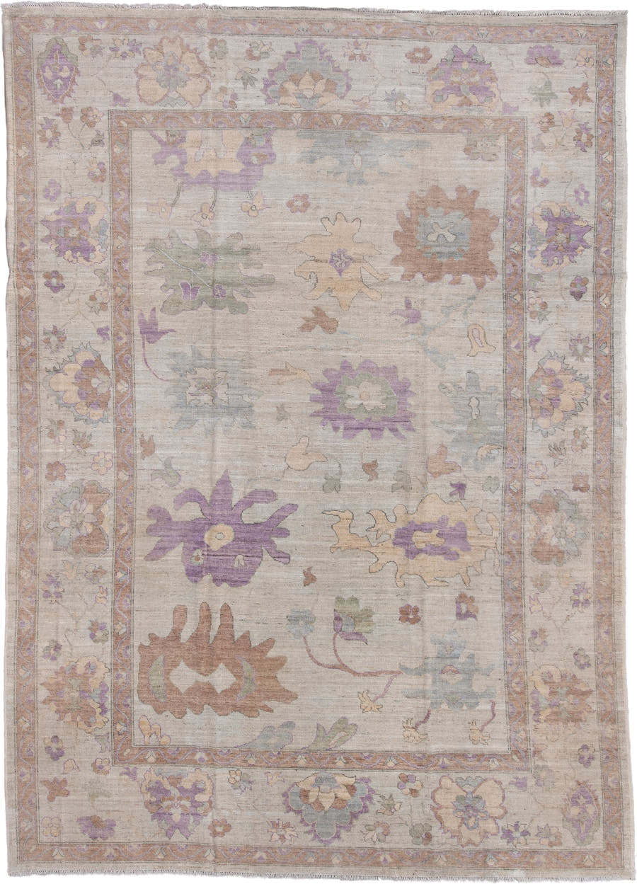 10' x 14' one-of-a-kind handmade vintage Oushak large size rug. Color palette: ivory, lavender, taupe, sage, pale blue