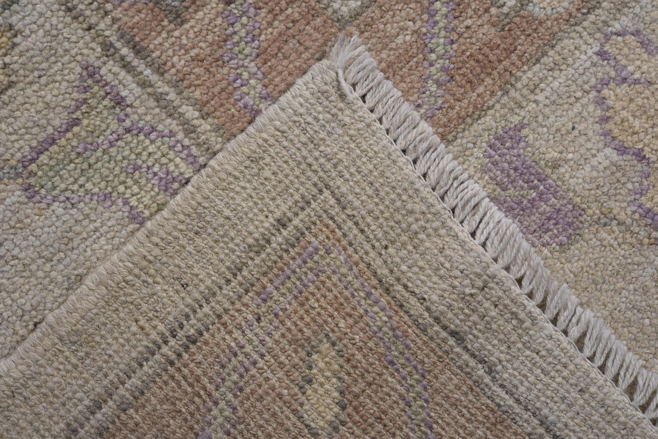 10' x 14' one-of-a-kind handmade vintage Oushak large size rug. Color palette: ivory, lavender, taupe, sage, pale blue