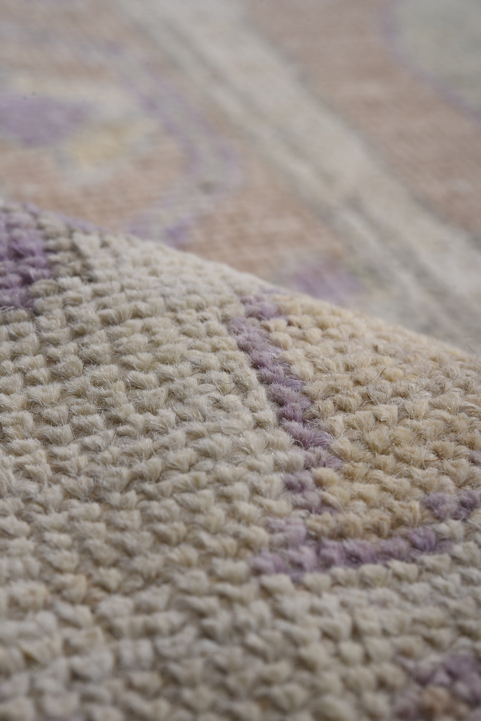 10' x 14' one-of-a-kind handmade vintage Oushak large size rug. Color palette: ivory, lavender, taupe, sage, pale blue