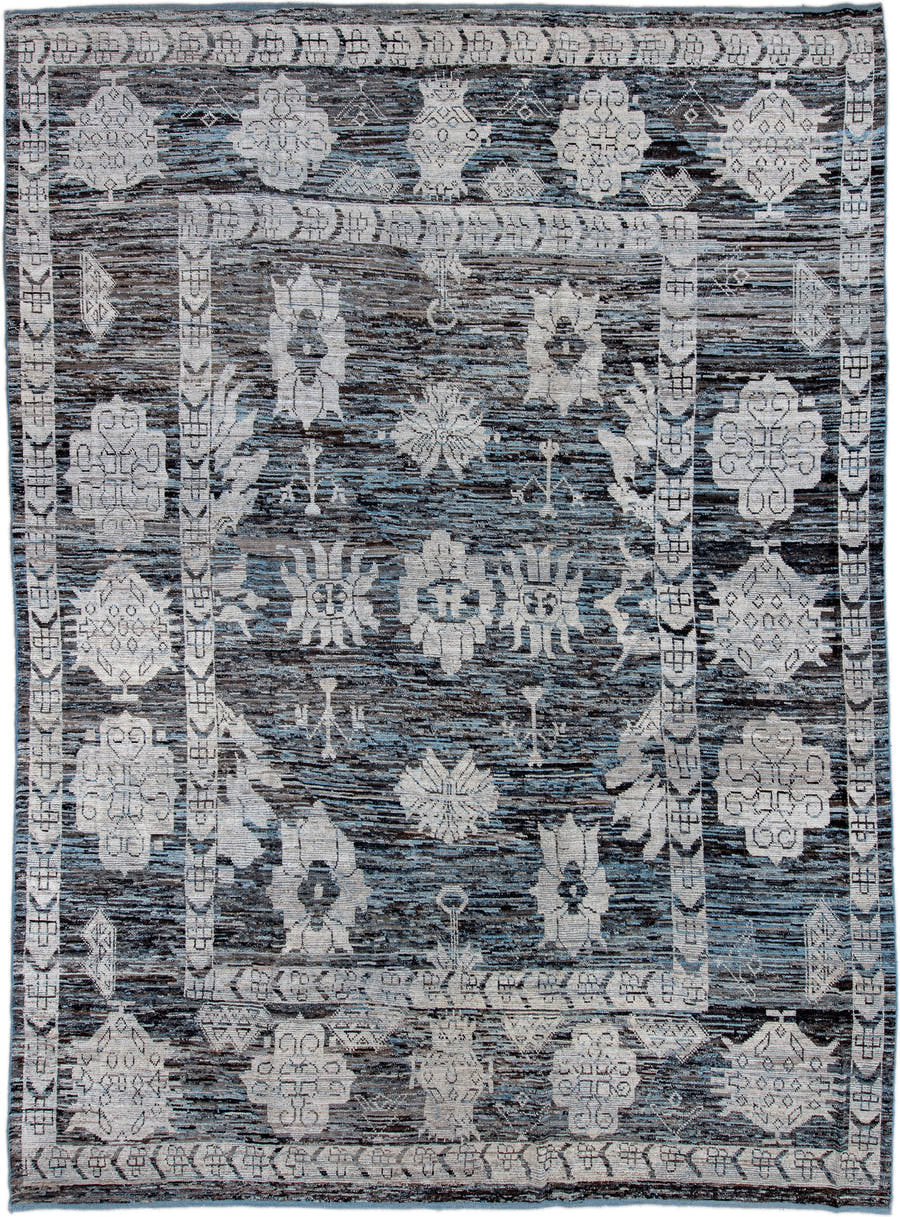 10' x 14' one-of-a-kind handmade vintage Oushak large size rug. Color palette: charcoal, ivory, slate, gray, taupe, black