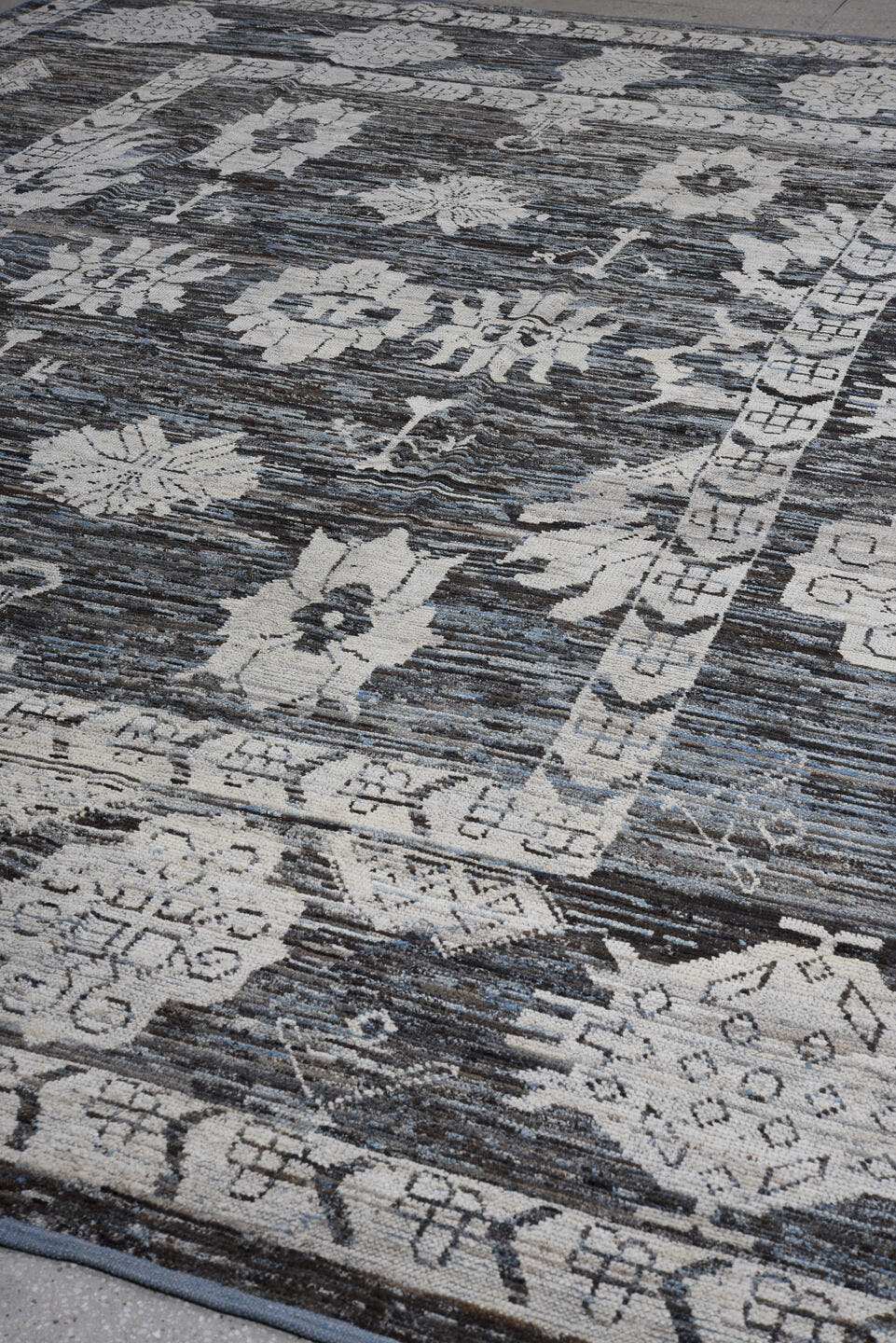 10' x 14' one-of-a-kind handmade vintage Oushak large size rug. Color palette: charcoal, ivory, slate, gray, taupe, black