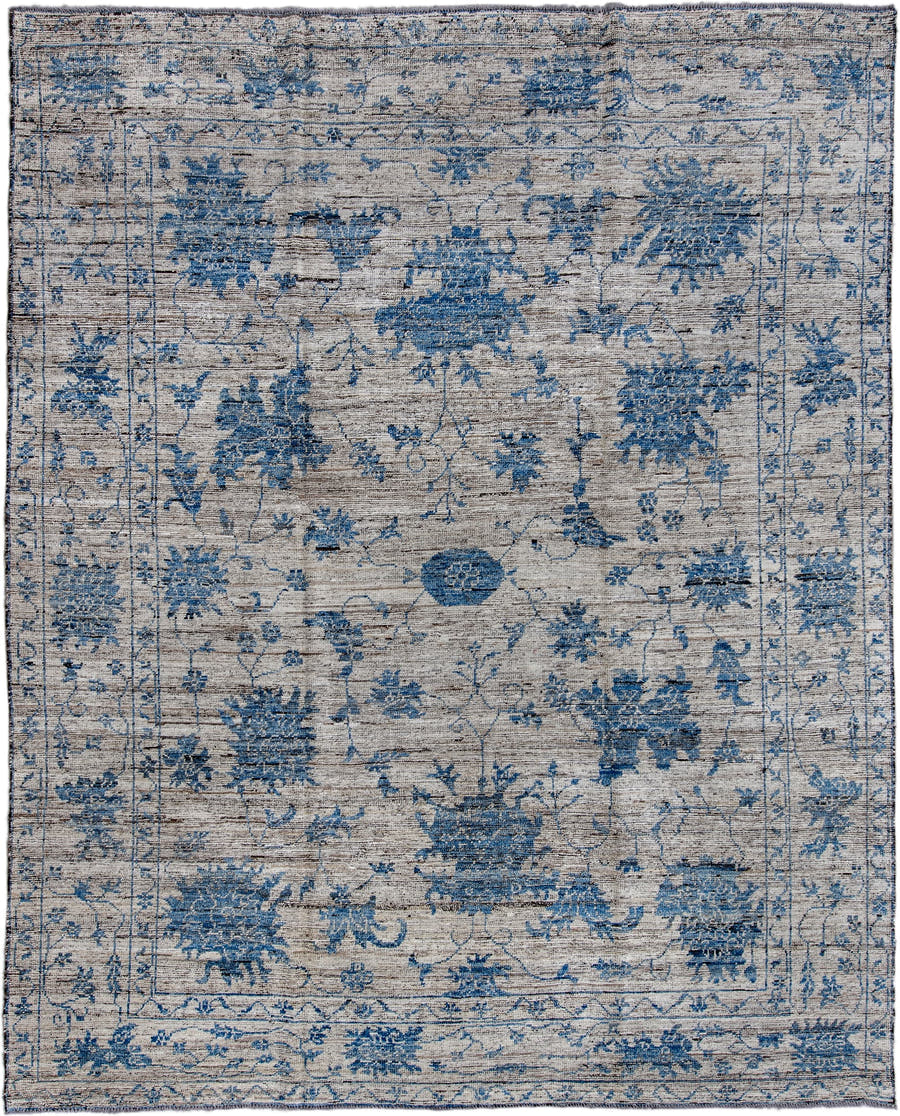 9' x 11' one-of-a-kind handmade vintage Oushak large size rug. Color palette: ivory, denim, slate, taupe, charcoal, blue