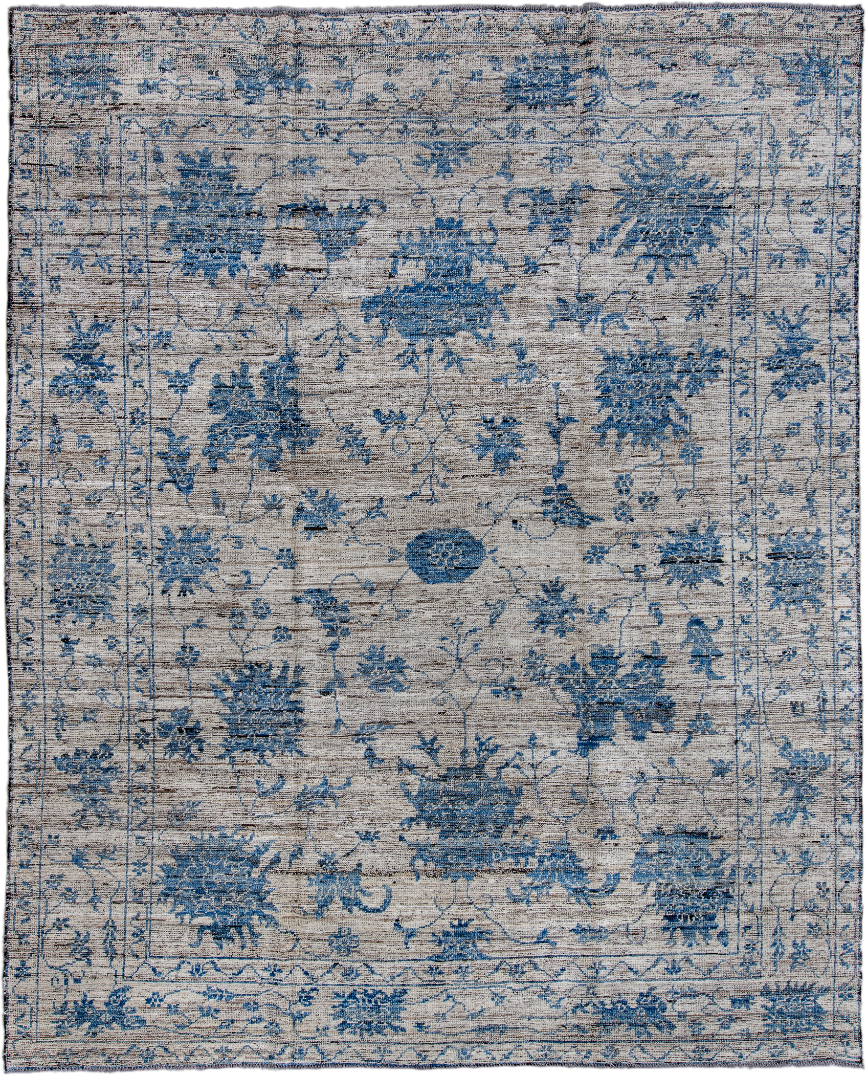 9' x 11' one-of-a-kind handmade vintage Oushak large size rug. Color palette: ivory, denim, slate, taupe, charcoal, blue