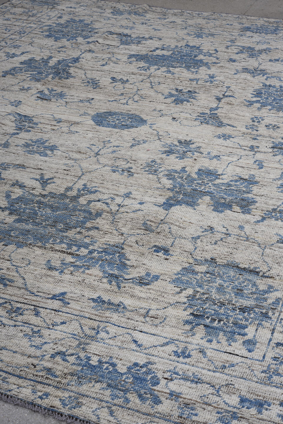 9' x 11' one-of-a-kind handmade vintage Oushak large size rug. Color palette: ivory, denim, slate, taupe, charcoal, blue