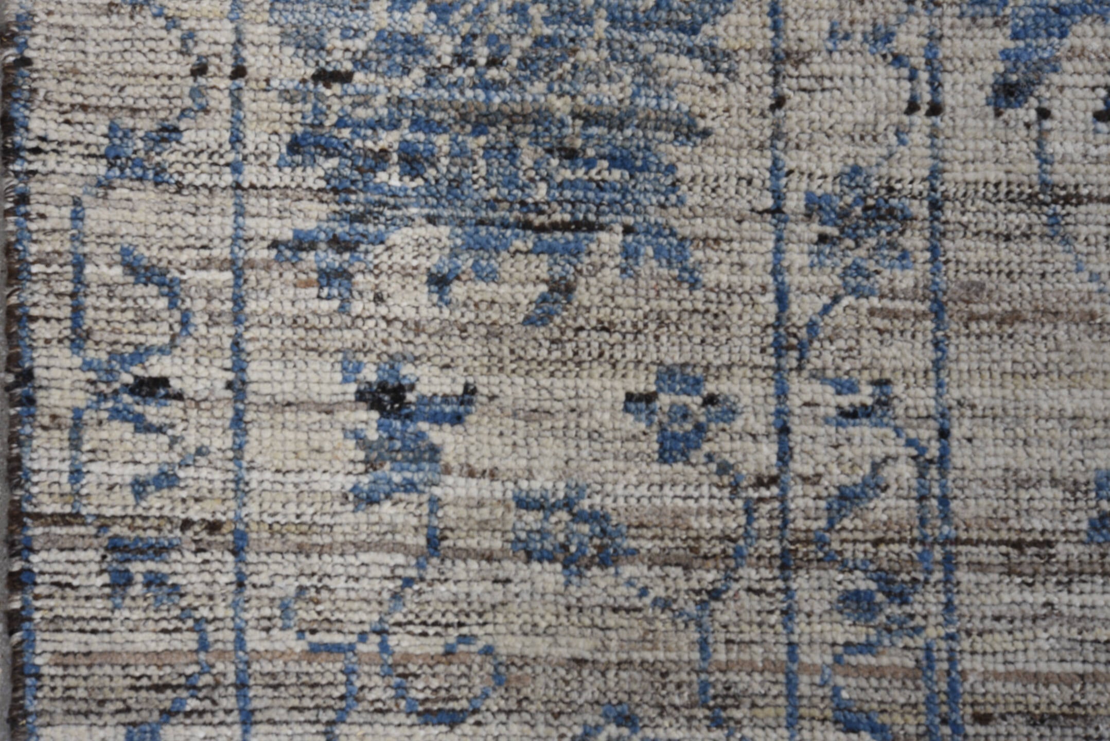 9' x 11' one-of-a-kind handmade vintage Oushak large size rug. Color palette: ivory, denim, slate, taupe, charcoal, blue