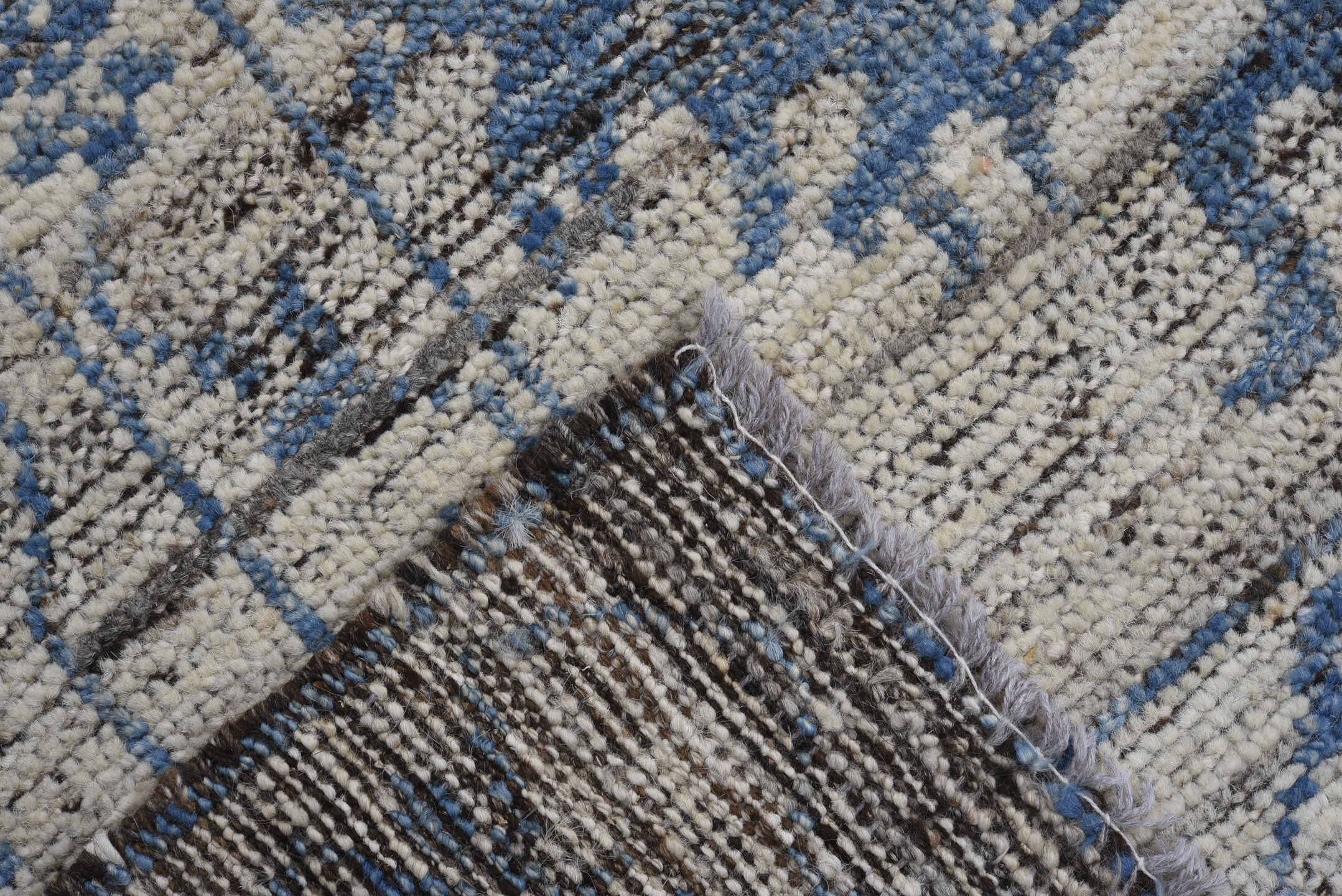 9' x 11' one-of-a-kind handmade vintage Oushak large size rug. Color palette: ivory, denim, slate, taupe, charcoal, blue