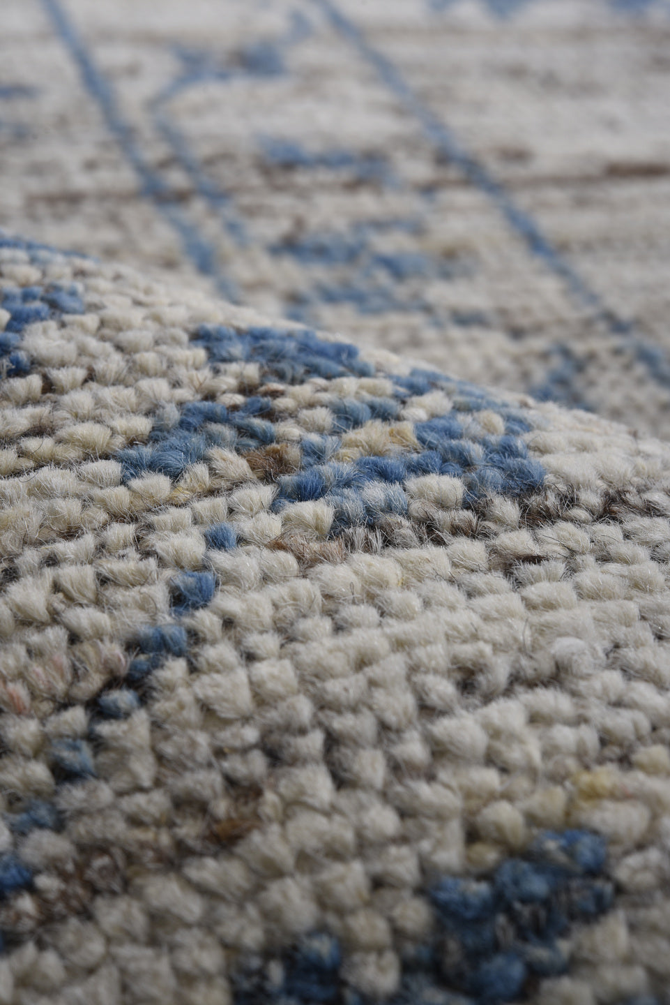 9' x 11' one-of-a-kind handmade vintage Oushak large size rug. Color palette: ivory, denim, slate, taupe, charcoal, blue