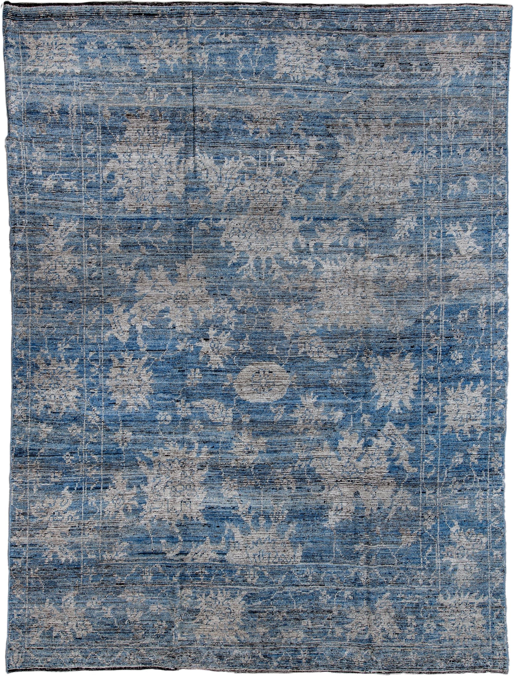 9' x 12' one-of-a-kind handmade vintage Oushak large size rug. Color palette: blue, ivory, slate, charcoal, gray, black