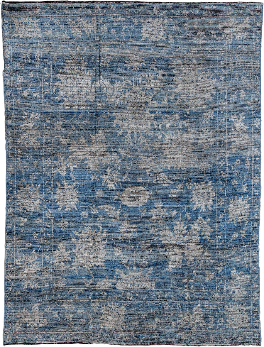 9' x 12' one-of-a-kind handmade vintage Oushak large size rug. Color palette: blue, ivory, slate, charcoal, gray, black