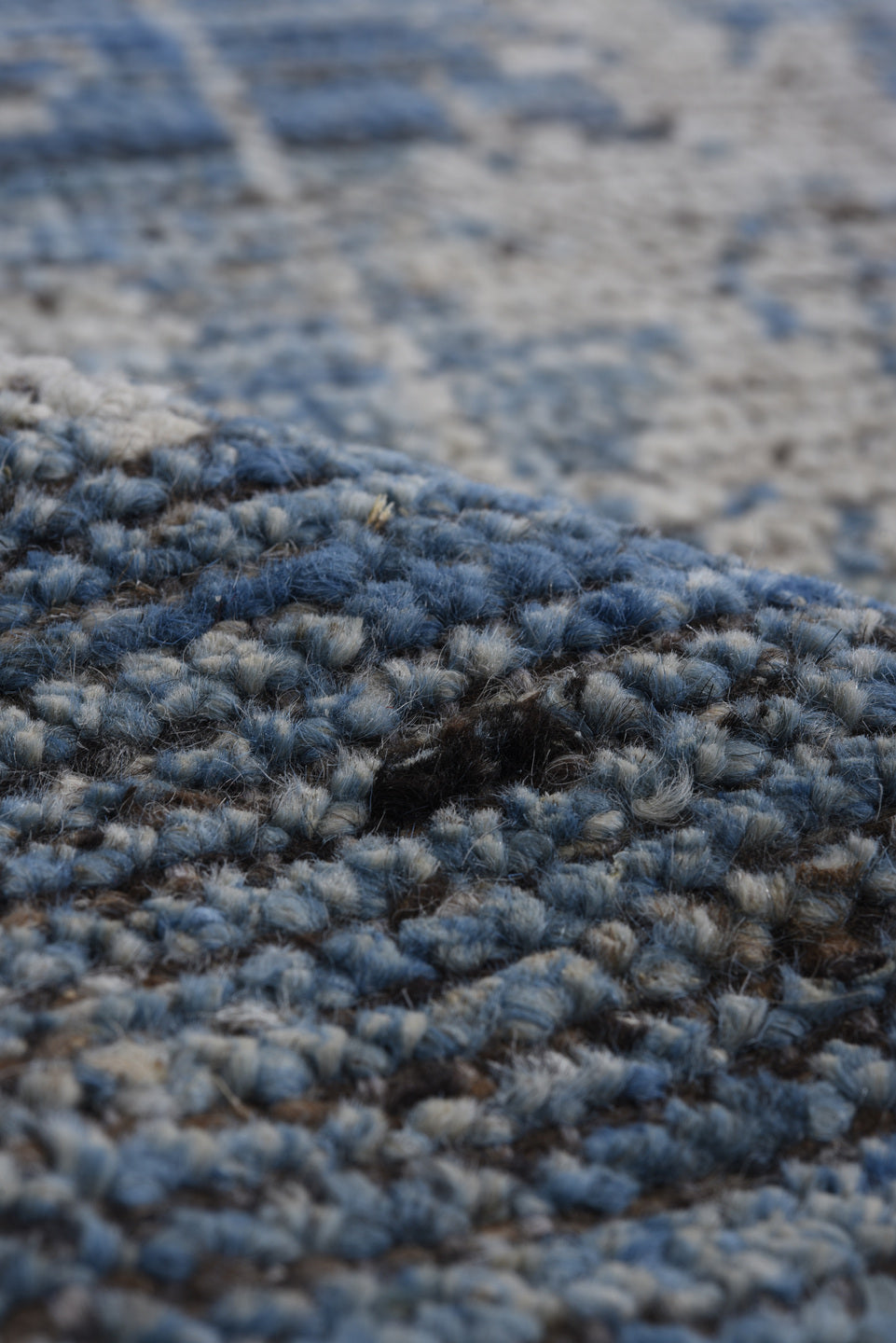 9' x 12' one-of-a-kind handmade vintage Oushak large size rug. Color palette: blue, ivory, slate, charcoal, gray, black