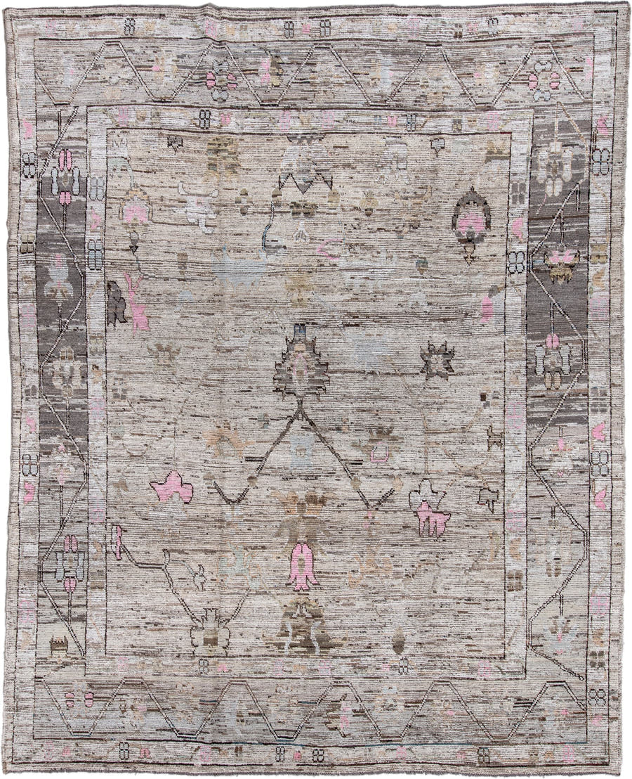 9' x 11' one-of-a-kind handmade vintage Oushak large size rug. Color palette: taupe, ivory, charcoal, blush, gray, beige