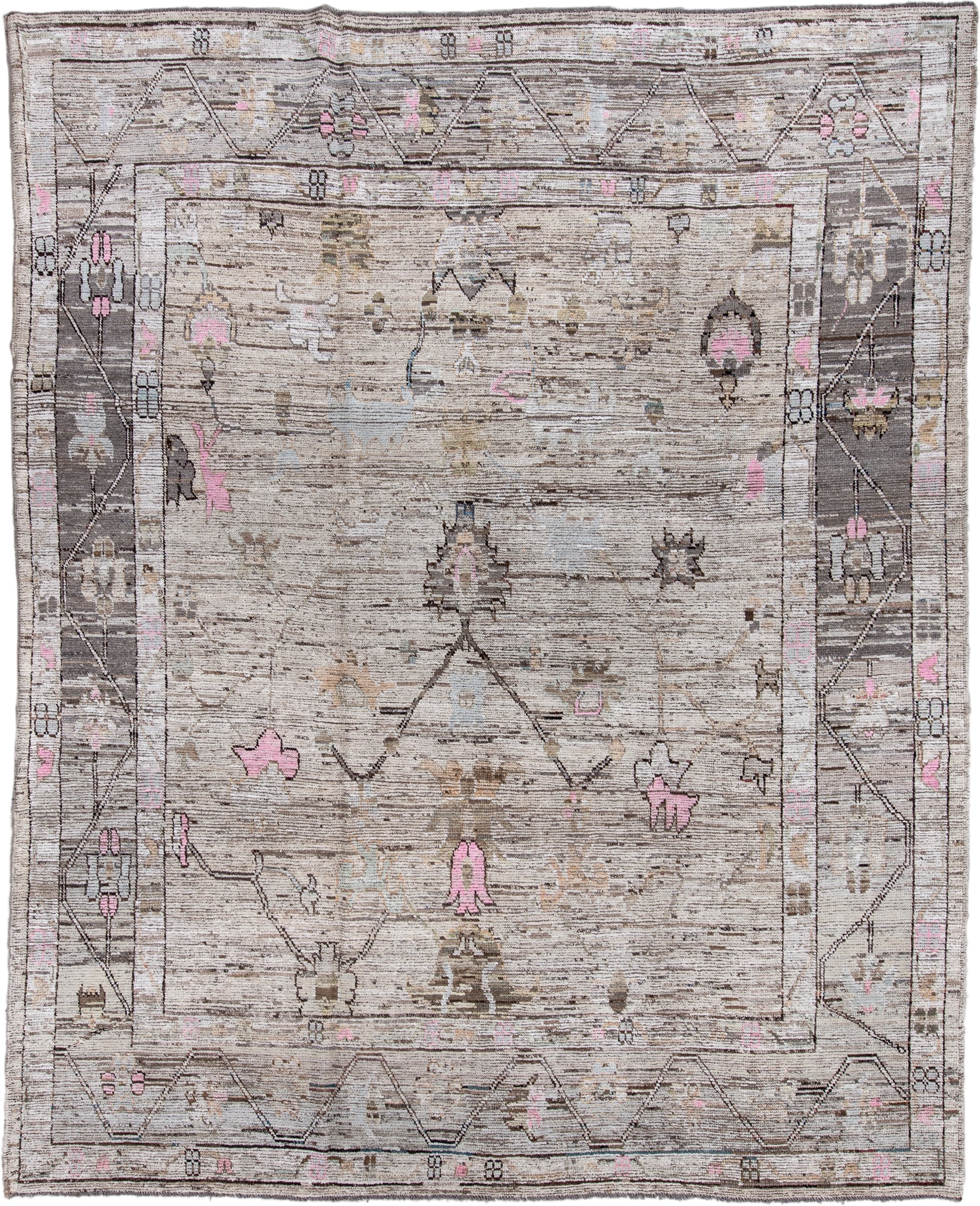 9' x 11' one-of-a-kind handmade vintage Oushak large size rug. Color palette: taupe, ivory, charcoal, blush, gray, beige