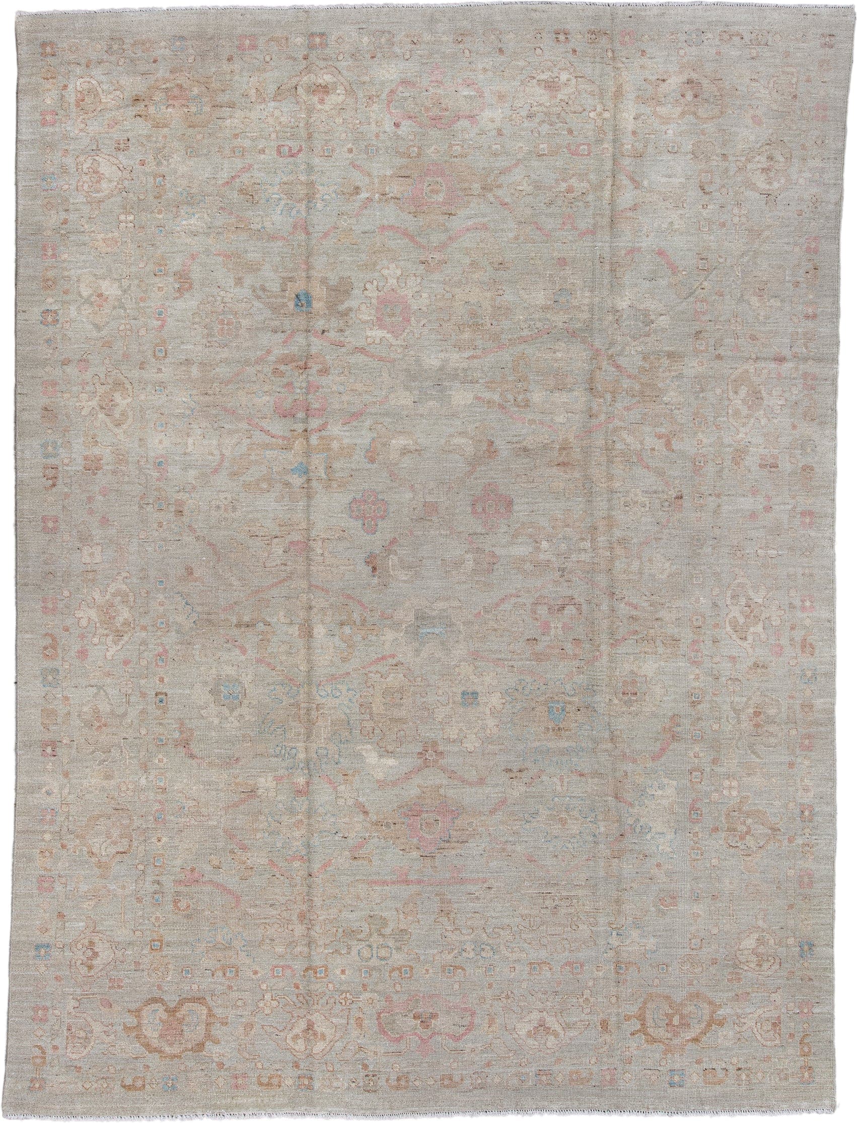 8' x 11' one-of-a-kind handmade vintage Oushak large size rug. Color palette: ivory, taupe, blush, pale blue, cream, beige