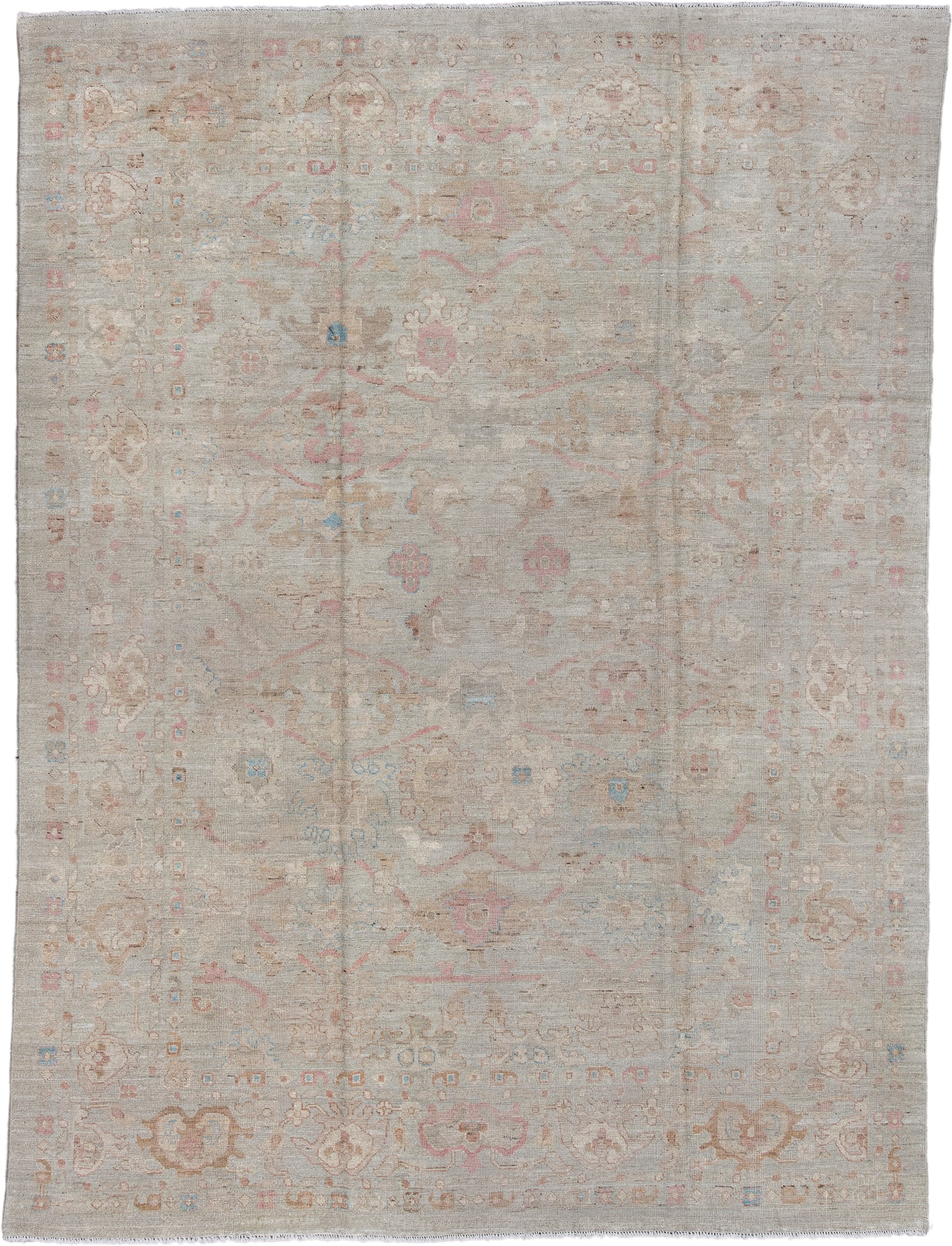 8' x 11' one-of-a-kind handmade vintage Oushak large size rug. Color palette: ivory, taupe, blush, pale blue, cream, beige